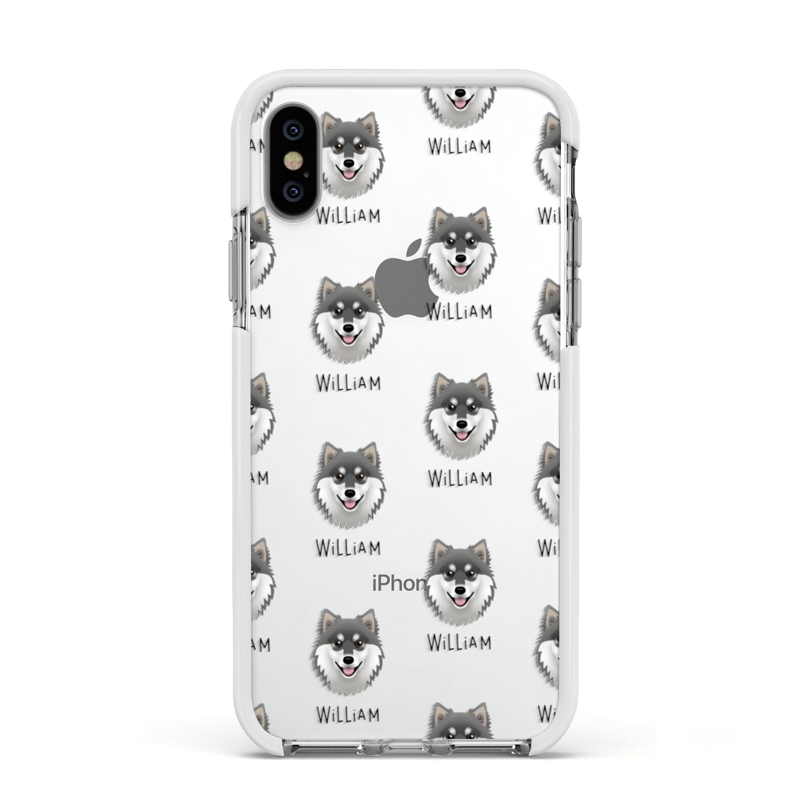 Finnish Lapphund Icon with Name Apple iPhone Xs Impact Case White Edge on Silver Phone