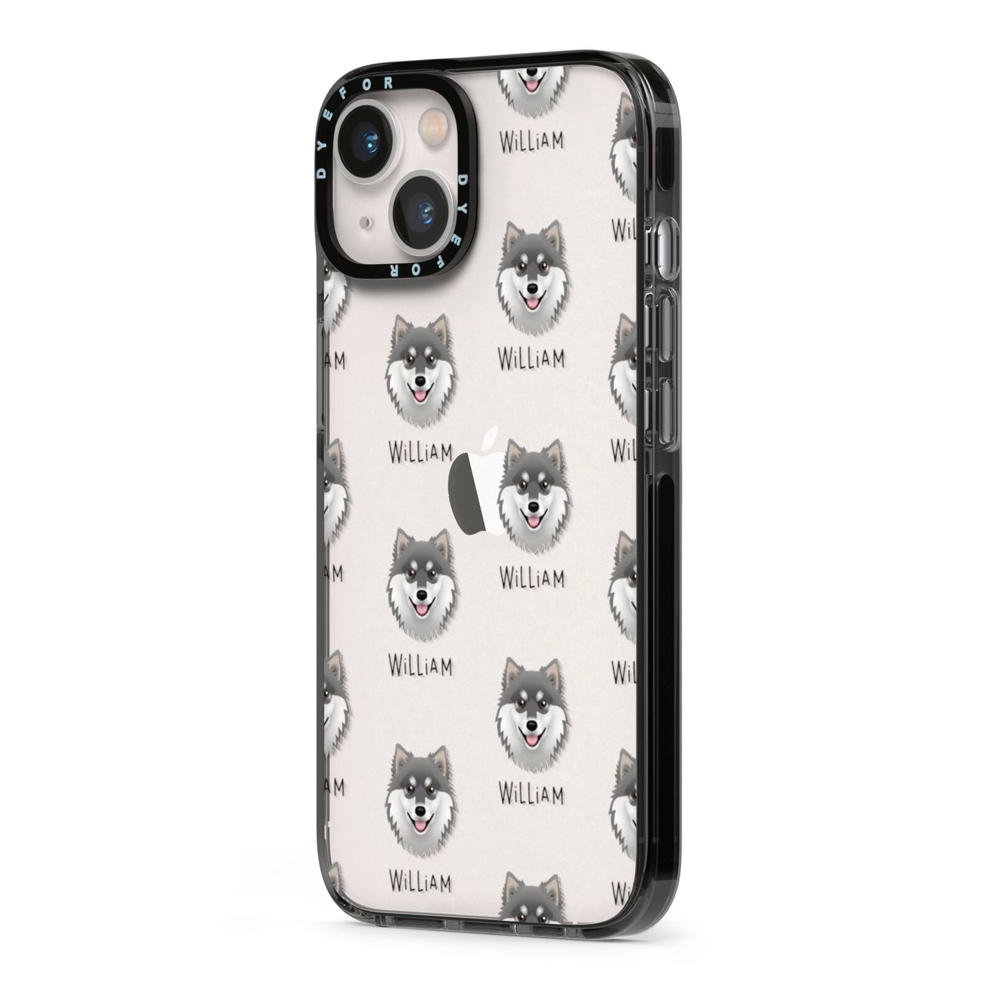 Finnish Lapphund Icon with Name iPhone 13 Black Impact Case Side Angle on Silver phone