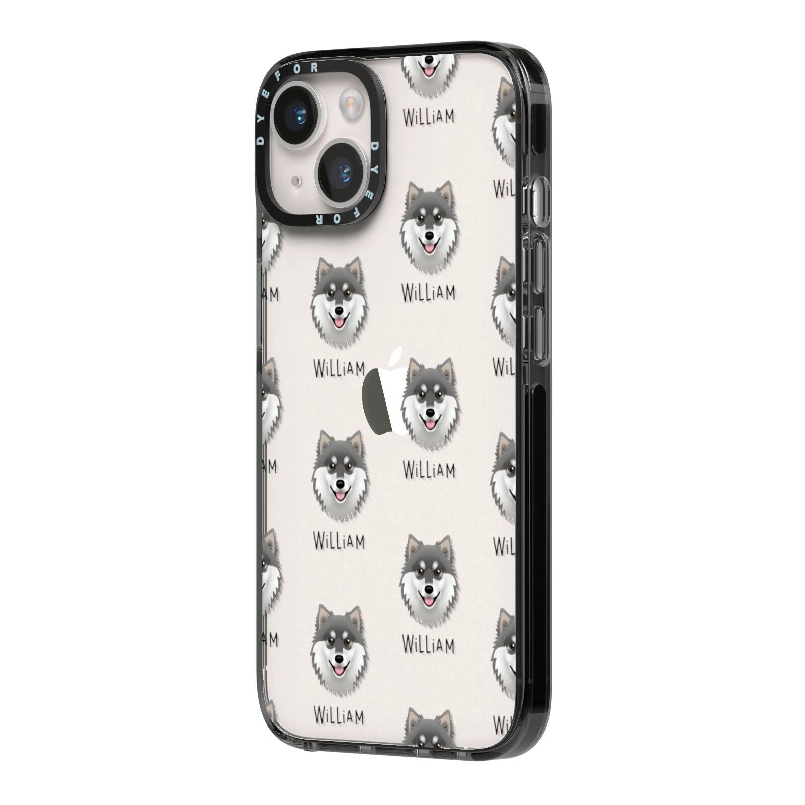 Finnish Lapphund Icon with Name iPhone 14 Black Impact Case Side Angle on Silver phone