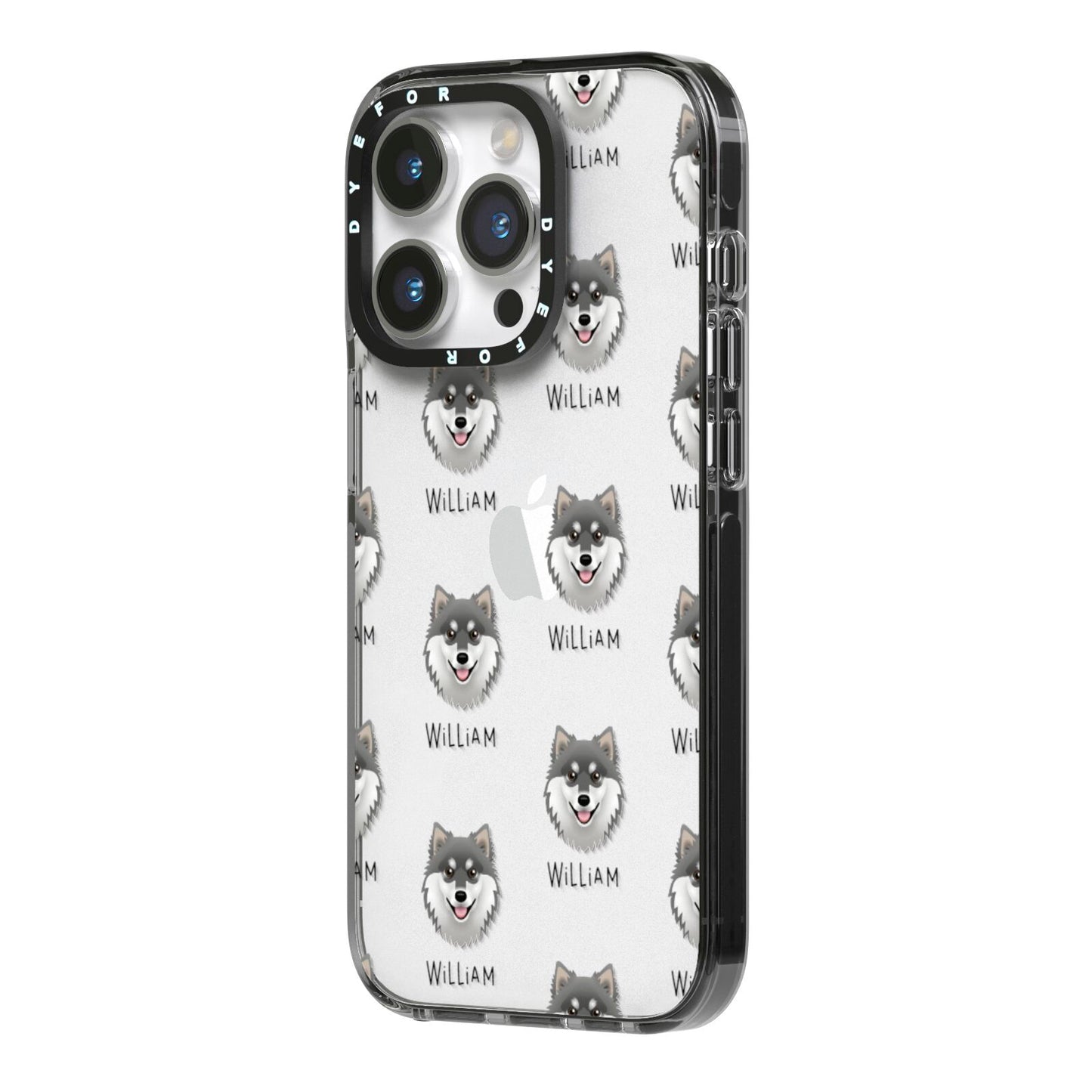 Finnish Lapphund Icon with Name iPhone 14 Pro Black Impact Case Side Angle on Silver phone
