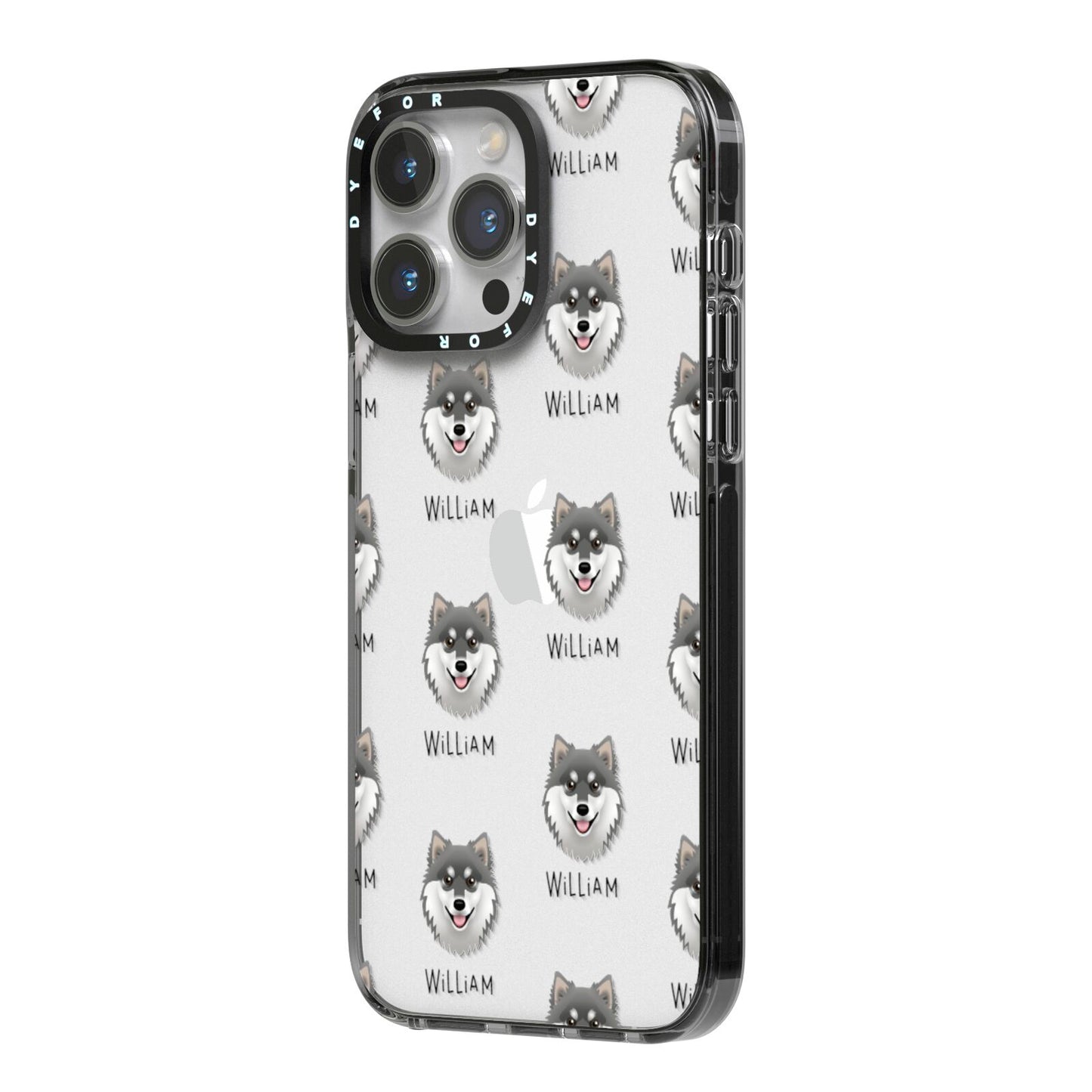 Finnish Lapphund Icon with Name iPhone 14 Pro Max Black Impact Case Side Angle on Silver phone