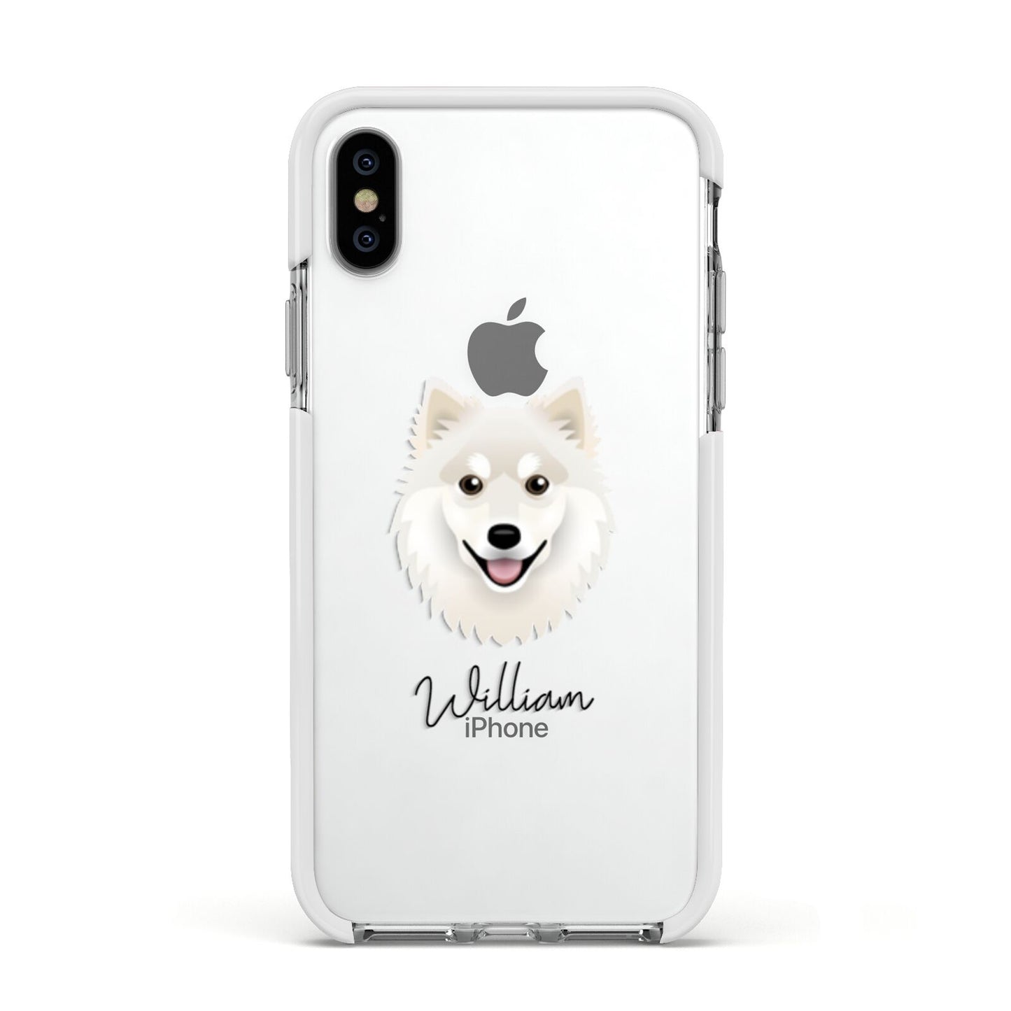 Finnish Lapphund Personalised Apple iPhone Xs Impact Case White Edge on Silver Phone