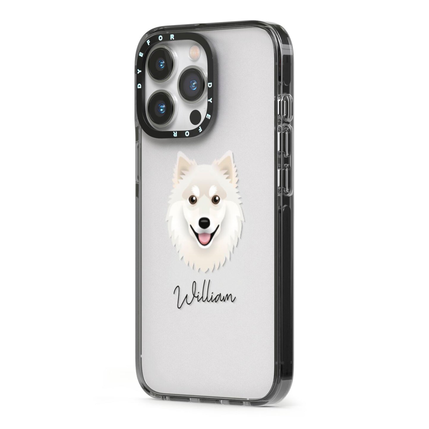 Finnish Lapphund Personalised iPhone 13 Pro Black Impact Case Side Angle on Silver phone