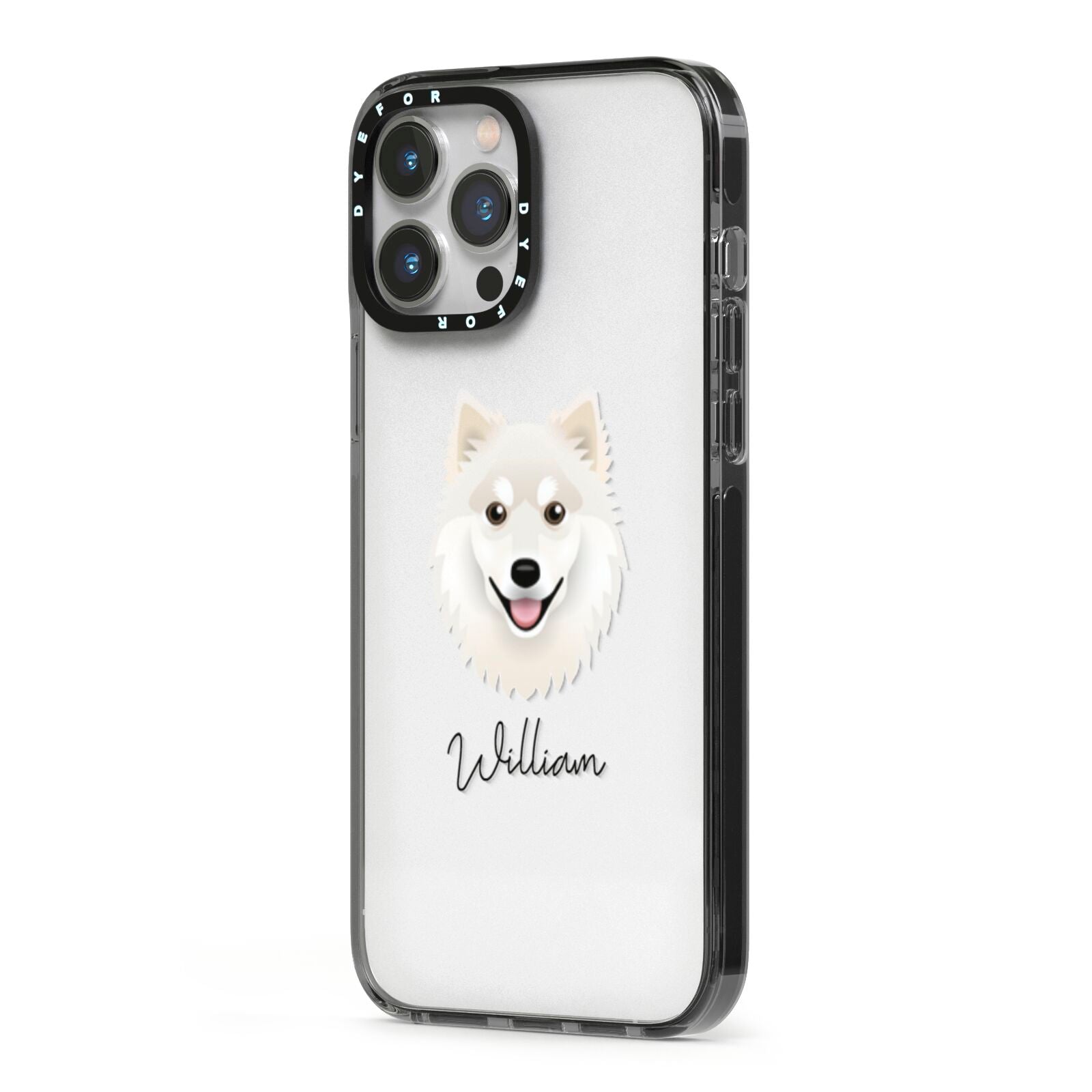 Finnish Lapphund Personalised iPhone 13 Pro Max Black Impact Case Side Angle on Silver phone