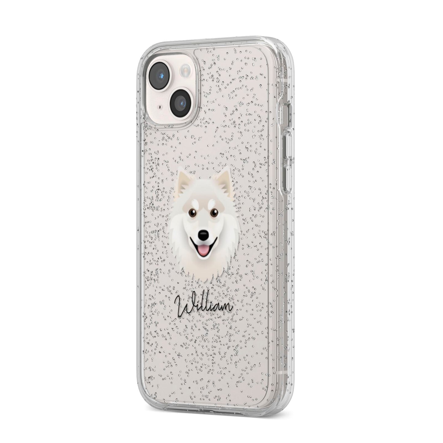 Finnish Lapphund Personalised iPhone 14 Plus Glitter Tough Case Starlight Angled Image