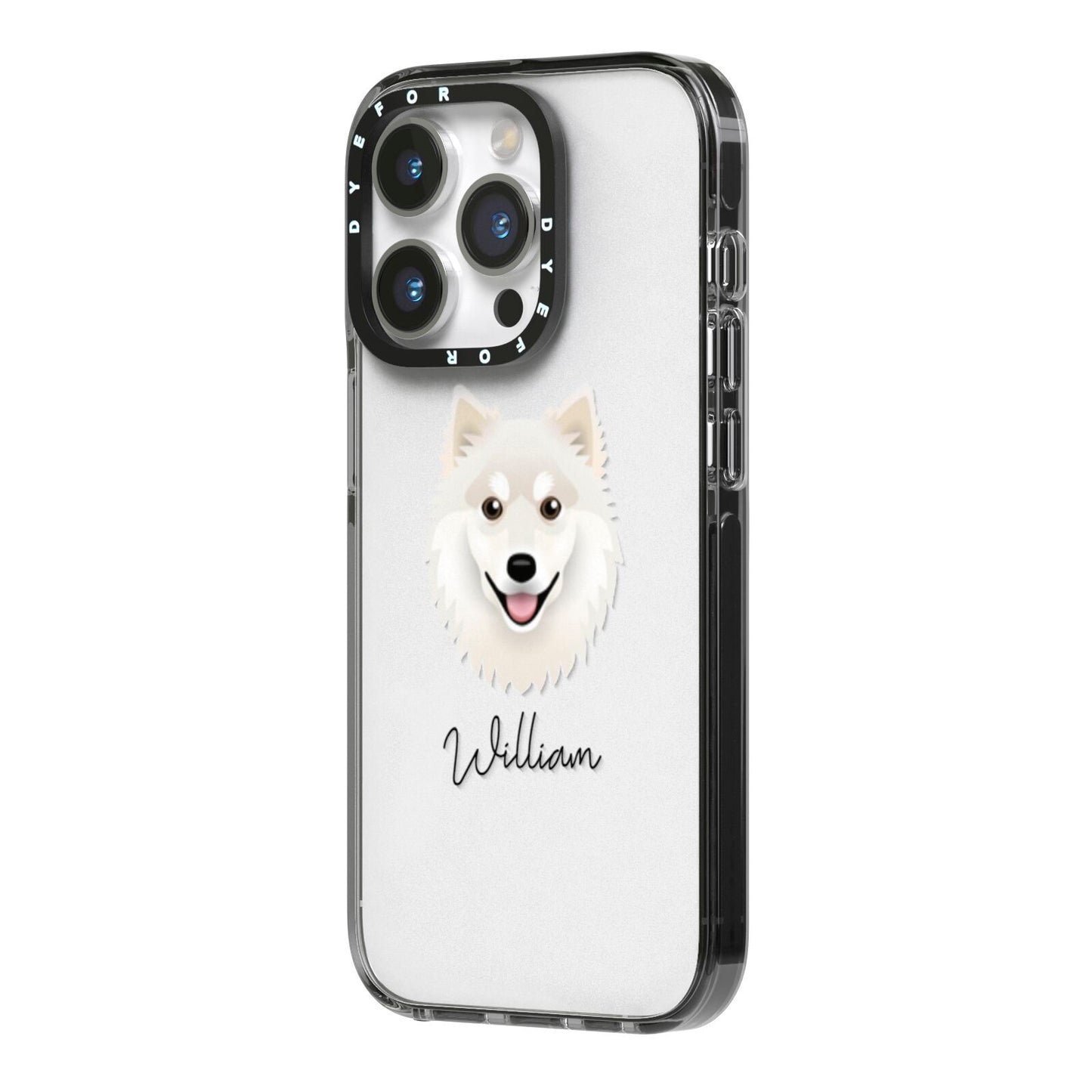 Finnish Lapphund Personalised iPhone 14 Pro Black Impact Case Side Angle on Silver phone