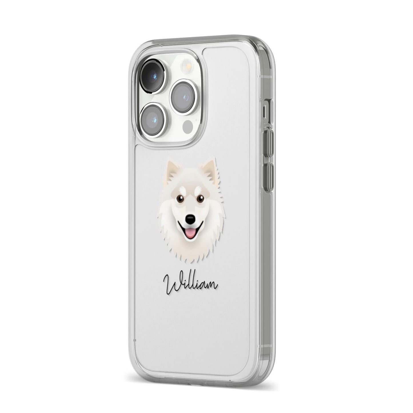 Finnish Lapphund Personalised iPhone 14 Pro Clear Tough Case Silver Angled Image