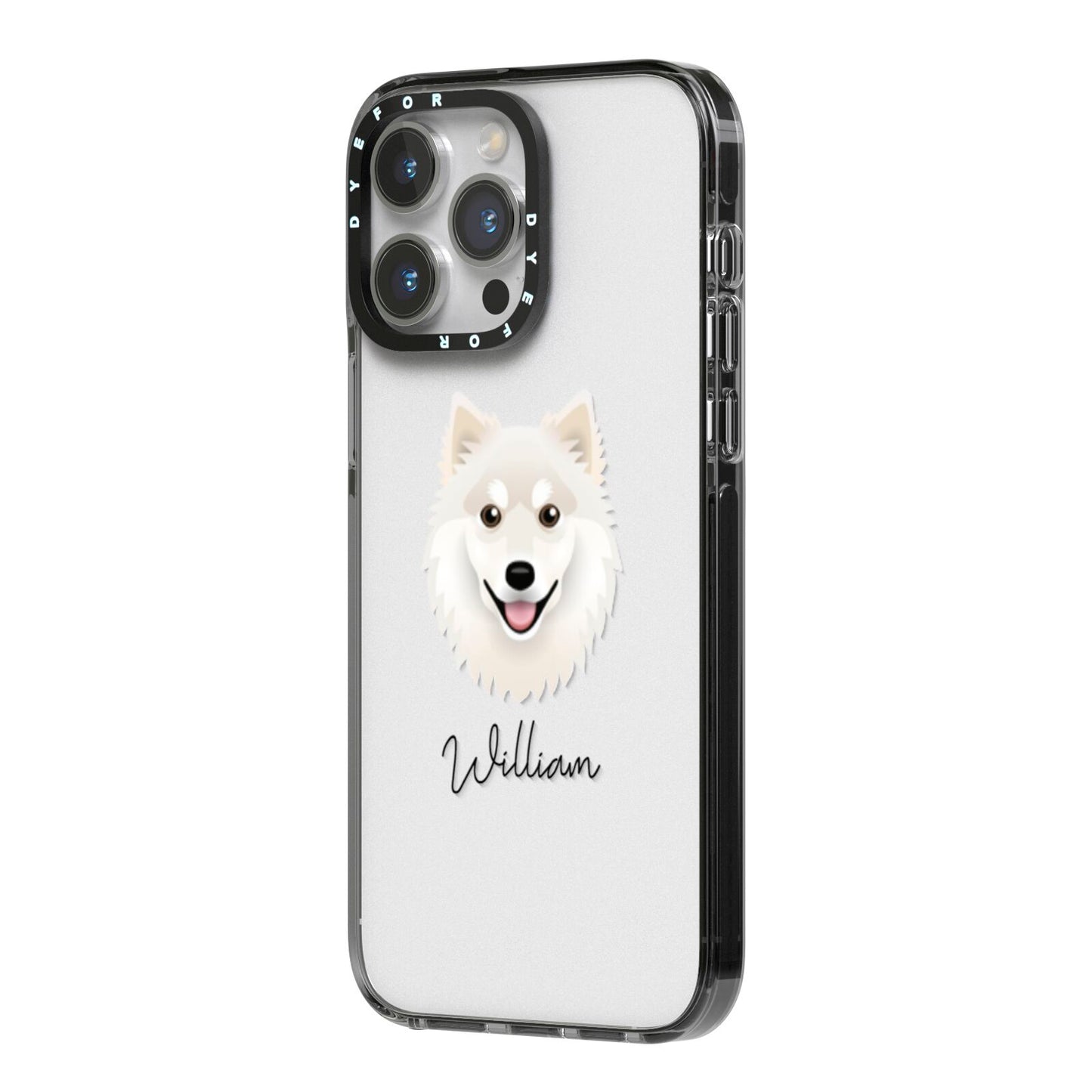 Finnish Lapphund Personalised iPhone 14 Pro Max Black Impact Case Side Angle on Silver phone