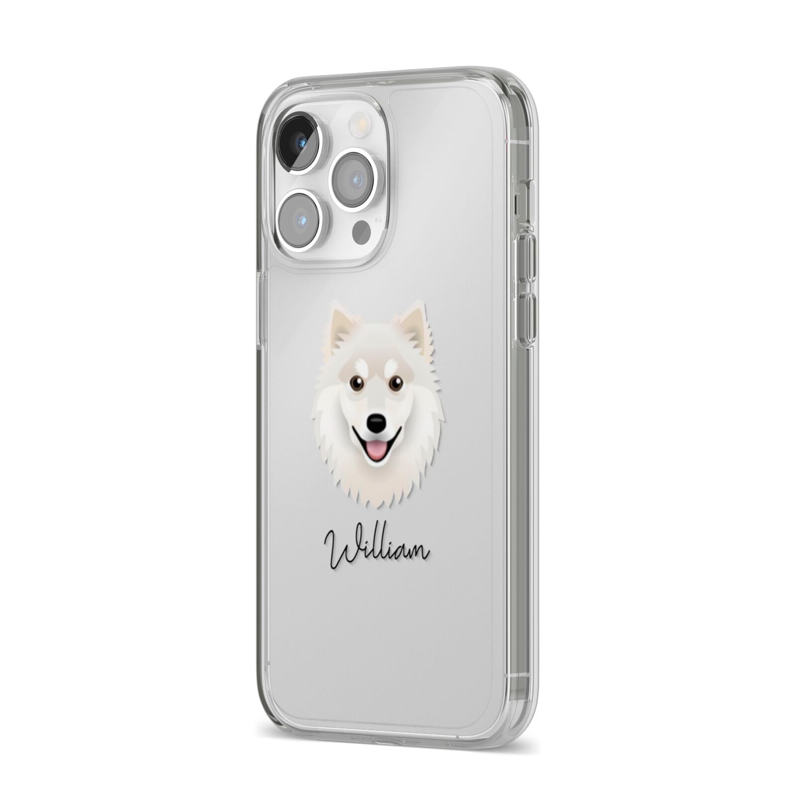 Finnish Lapphund Personalised iPhone 14 Pro Max Clear Tough Case Silver Angled Image