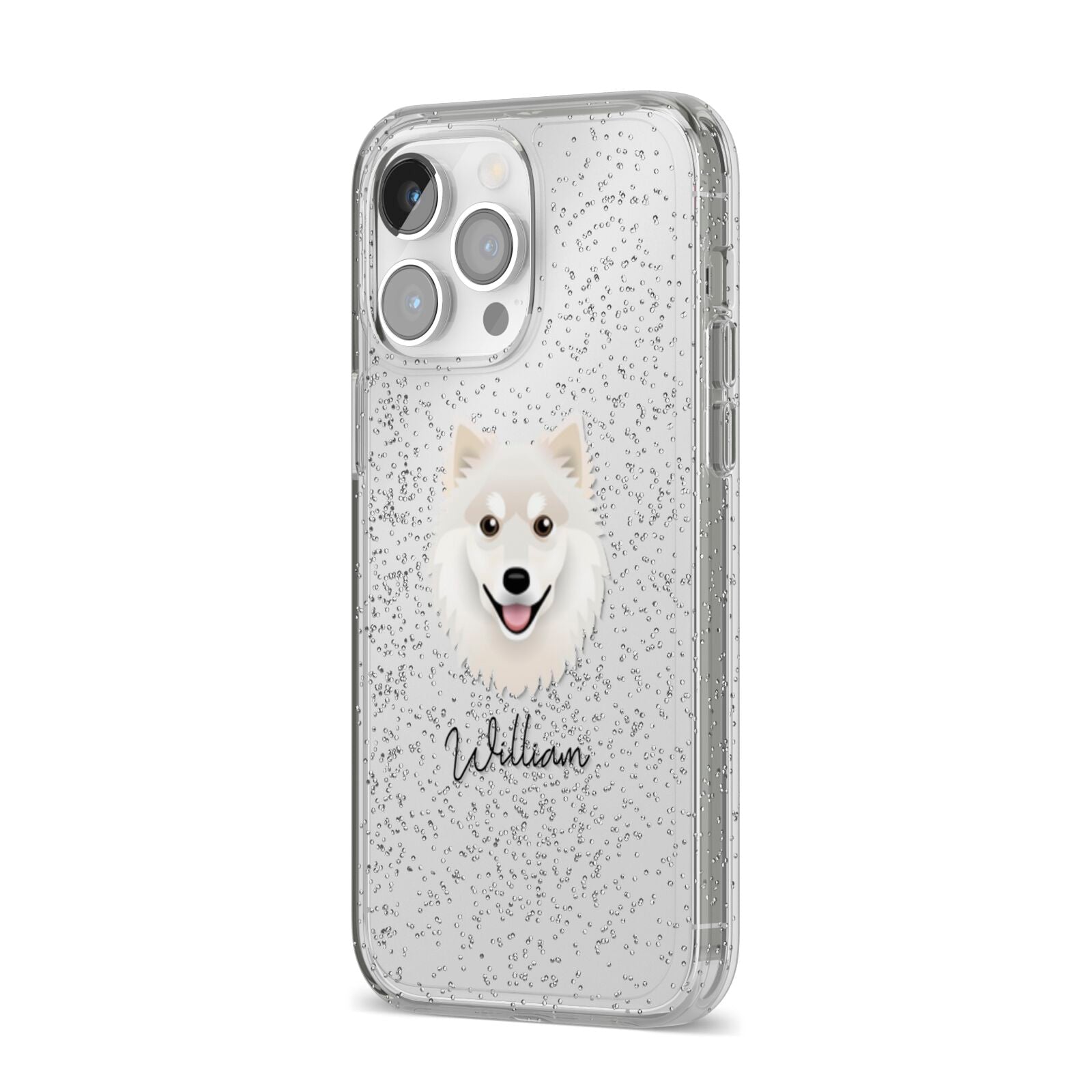 Finnish Lapphund Personalised iPhone 14 Pro Max Glitter Tough Case Silver Angled Image