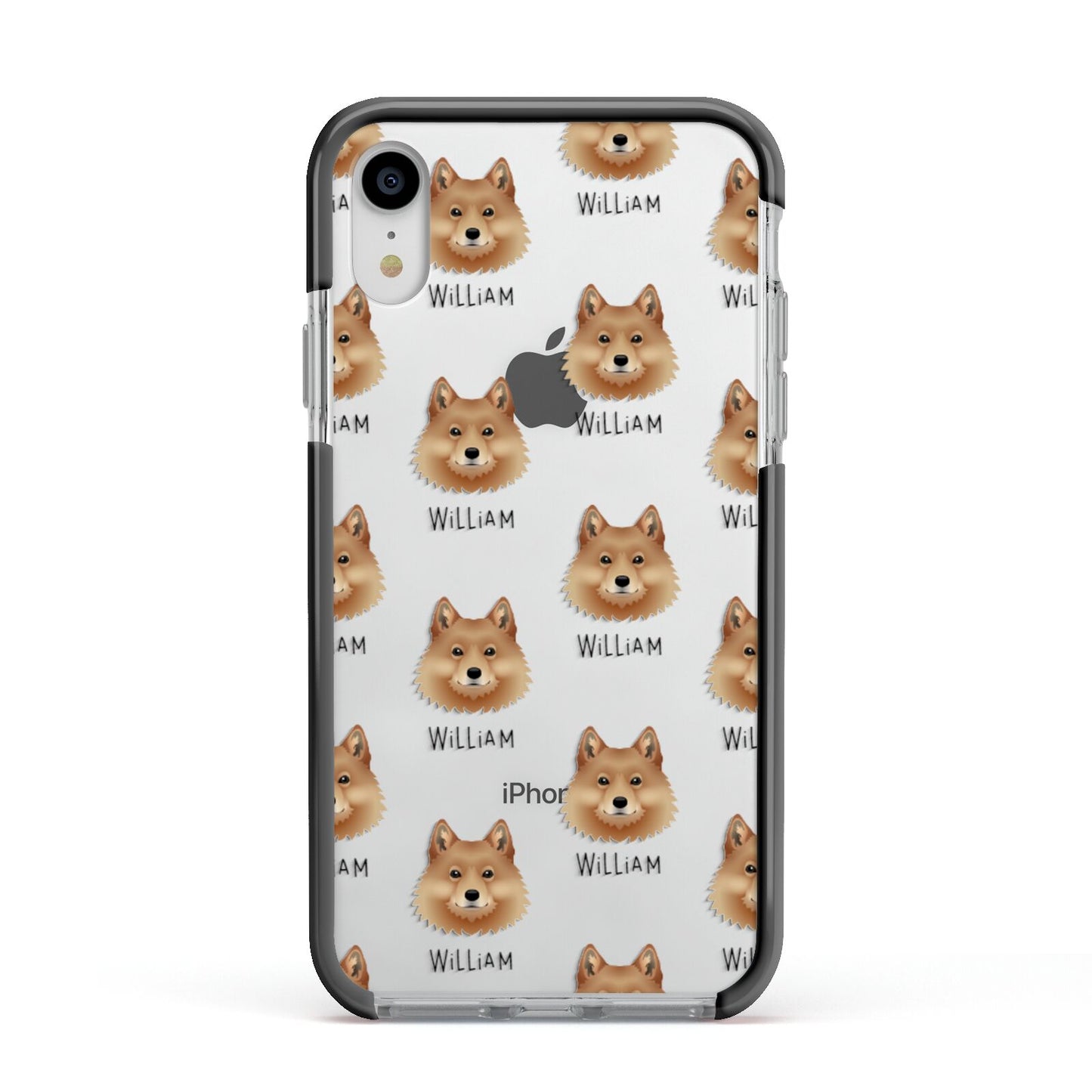 Finnish Spitz Icon with Name Apple iPhone XR Impact Case Black Edge on Silver Phone