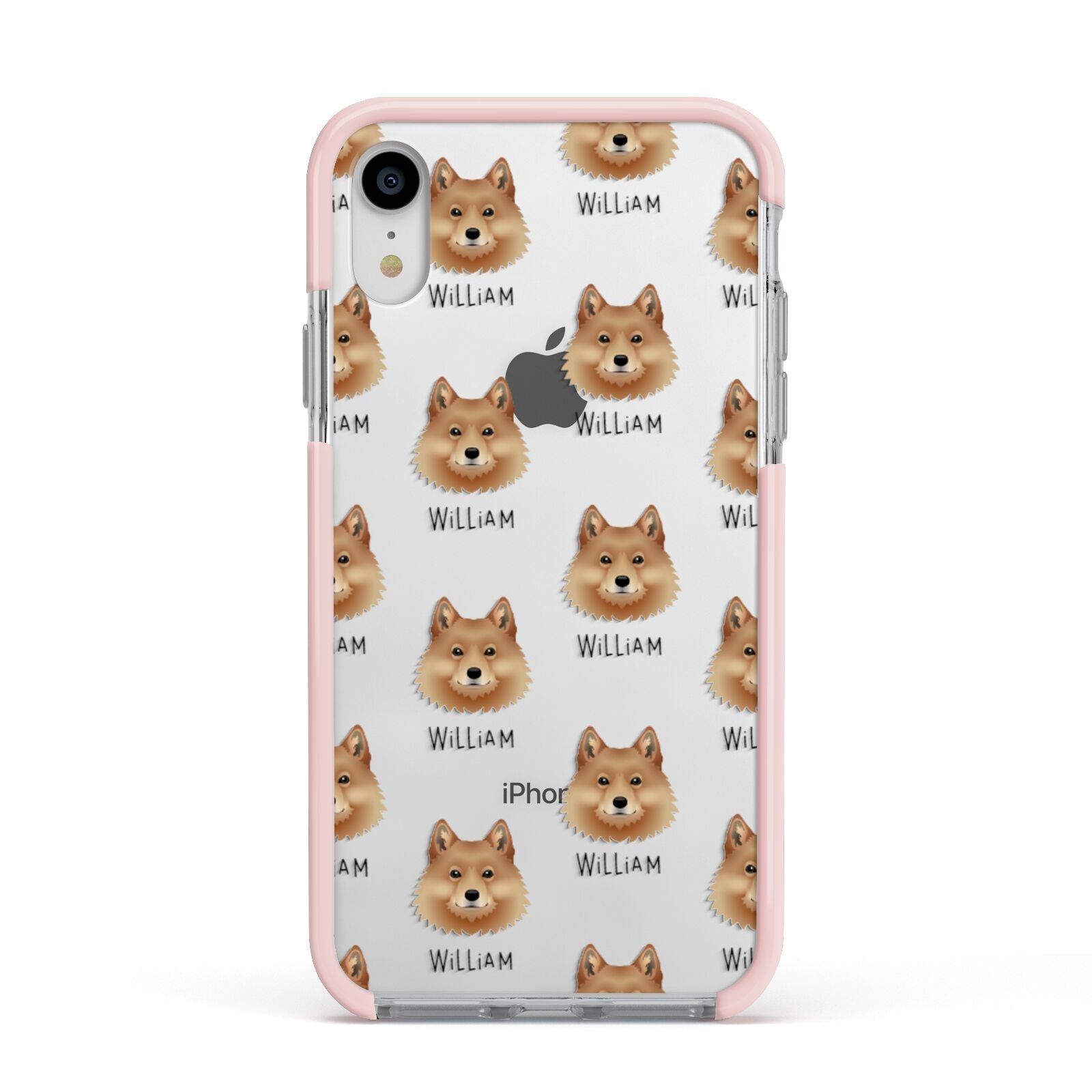Finnish Spitz Icon with Name Apple iPhone XR Impact Case Pink Edge on Silver Phone