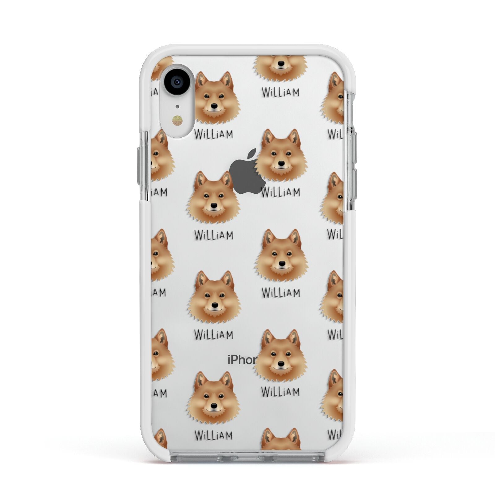 Finnish Spitz Icon with Name Apple iPhone XR Impact Case White Edge on Silver Phone