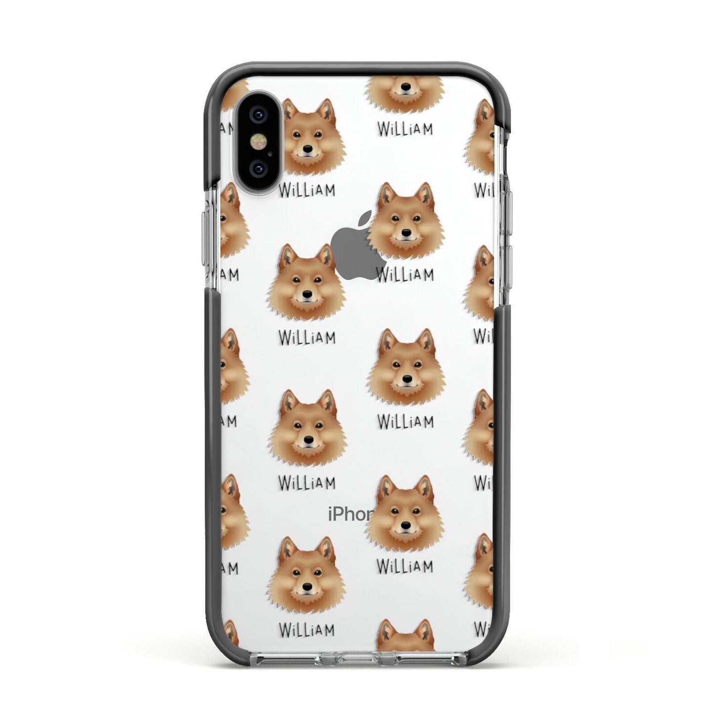 Finnish Spitz Icon with Name Apple iPhone Xs Impact Case Black Edge on Silver Phone