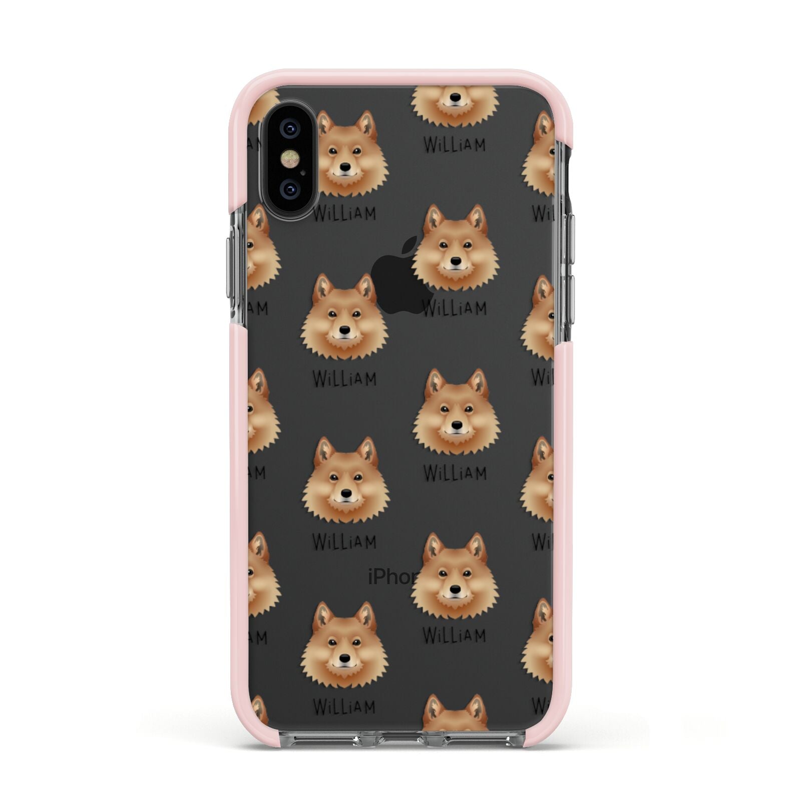 Finnish Spitz Icon with Name Apple iPhone Xs Impact Case Pink Edge on Black Phone