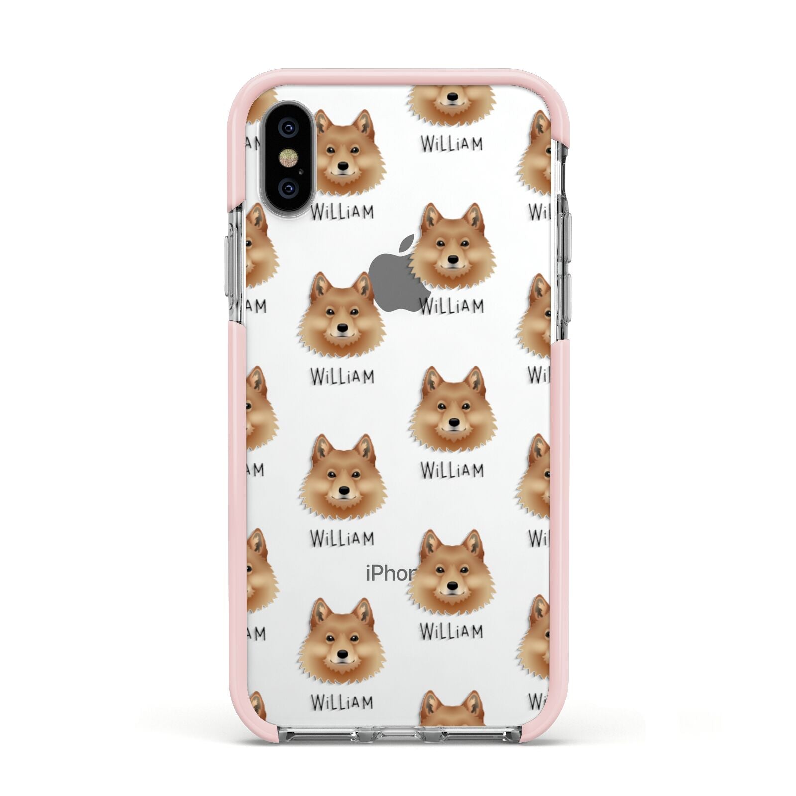 Finnish Spitz Icon with Name Apple iPhone Xs Impact Case Pink Edge on Silver Phone