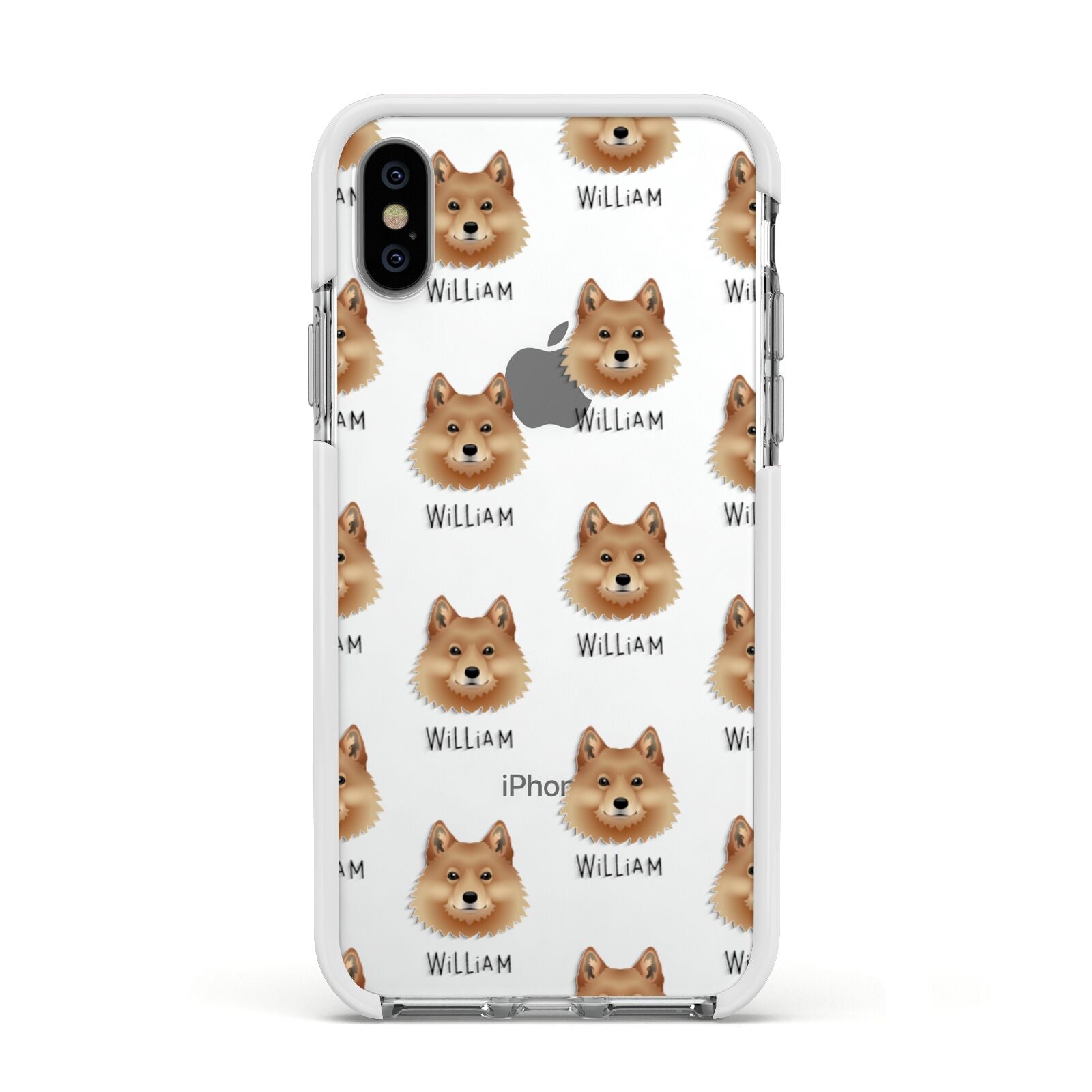 Finnish Spitz Icon with Name Apple iPhone Xs Impact Case White Edge on Silver Phone