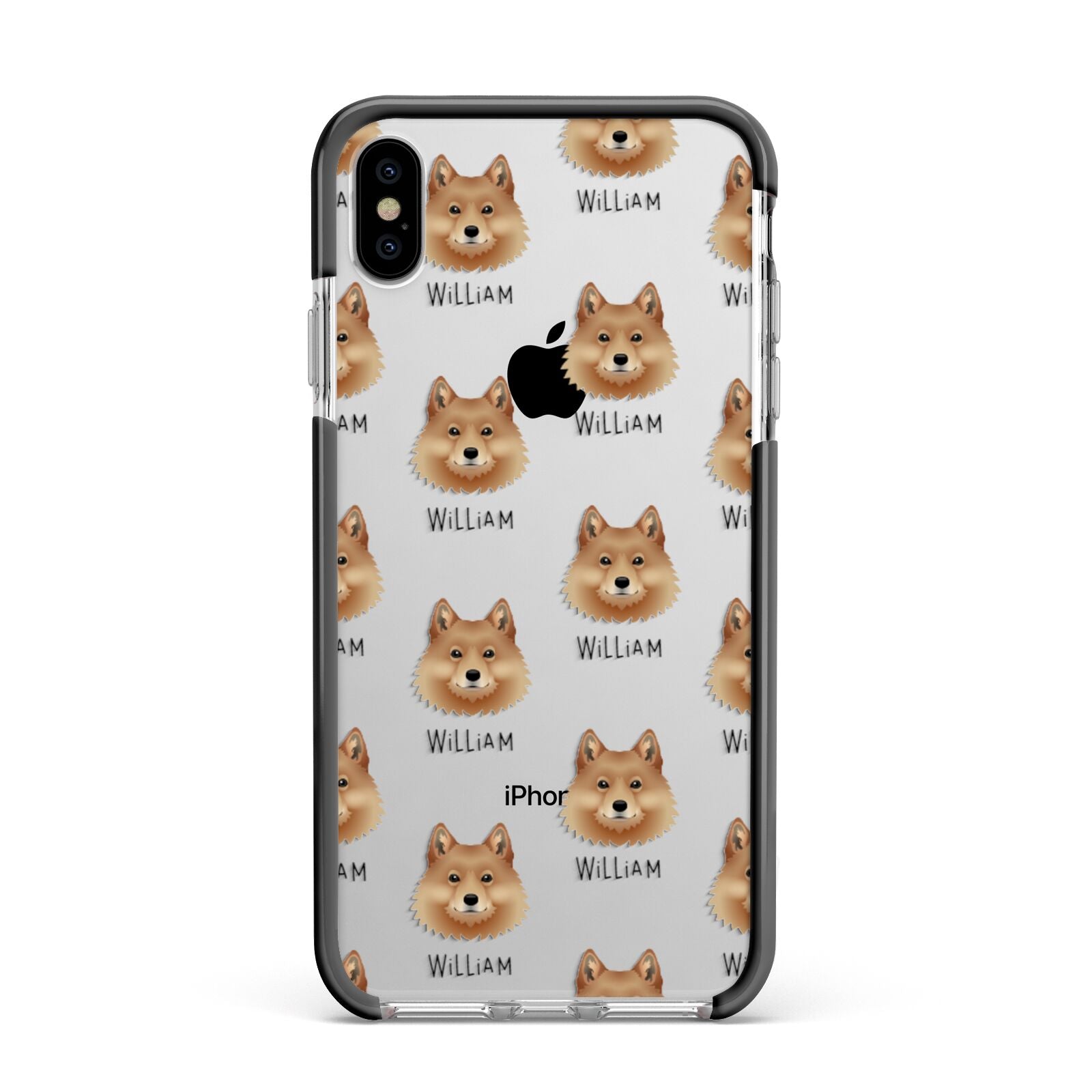 Finnish Spitz Icon with Name Apple iPhone Xs Max Impact Case Black Edge on Silver Phone