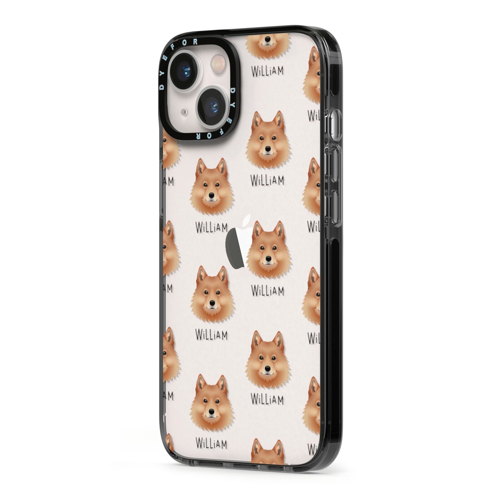 Finnish Spitz Icon with Name iPhone 13 Black Impact Case Side Angle on Silver phone