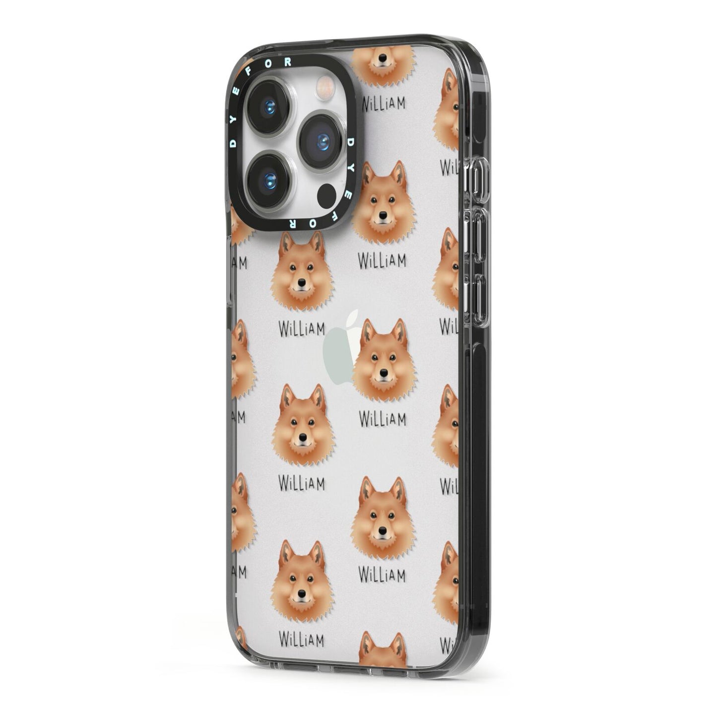 Finnish Spitz Icon with Name iPhone 13 Pro Black Impact Case Side Angle on Silver phone