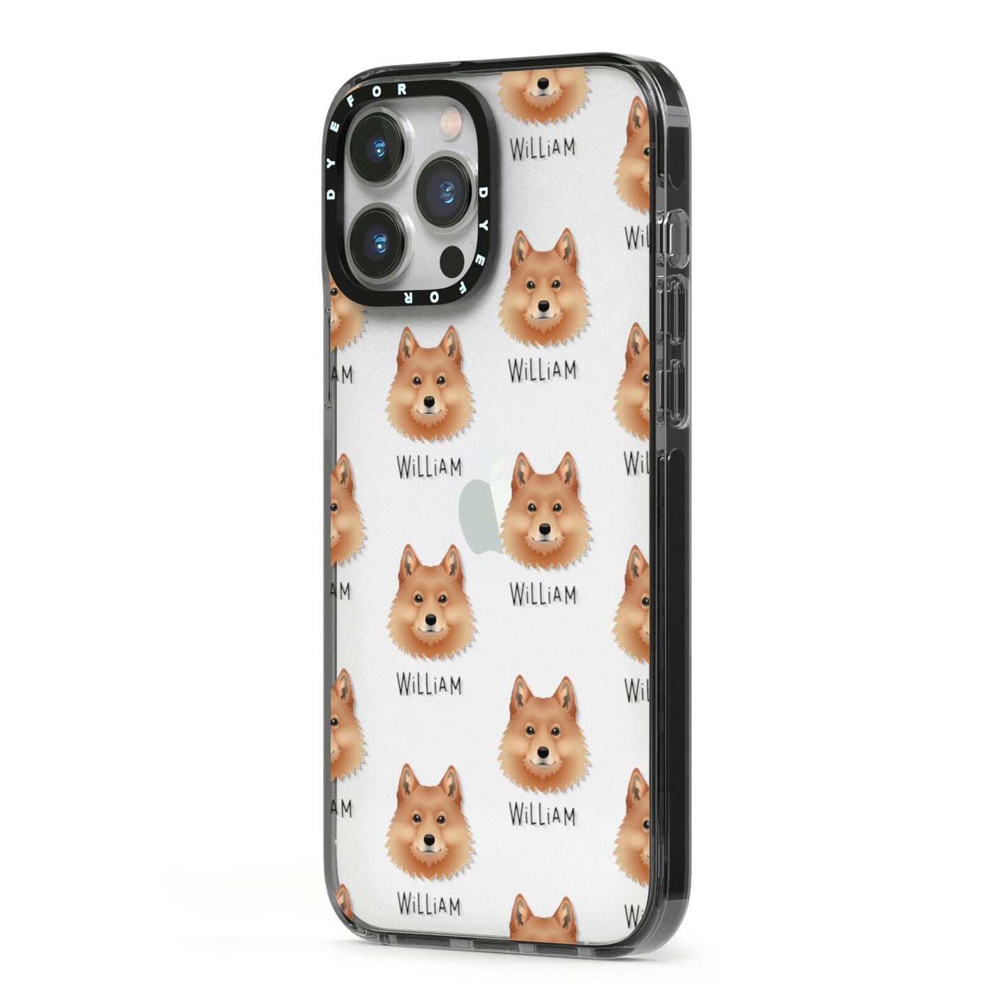 Finnish Spitz Icon with Name iPhone 13 Pro Max Black Impact Case Side Angle on Silver phone
