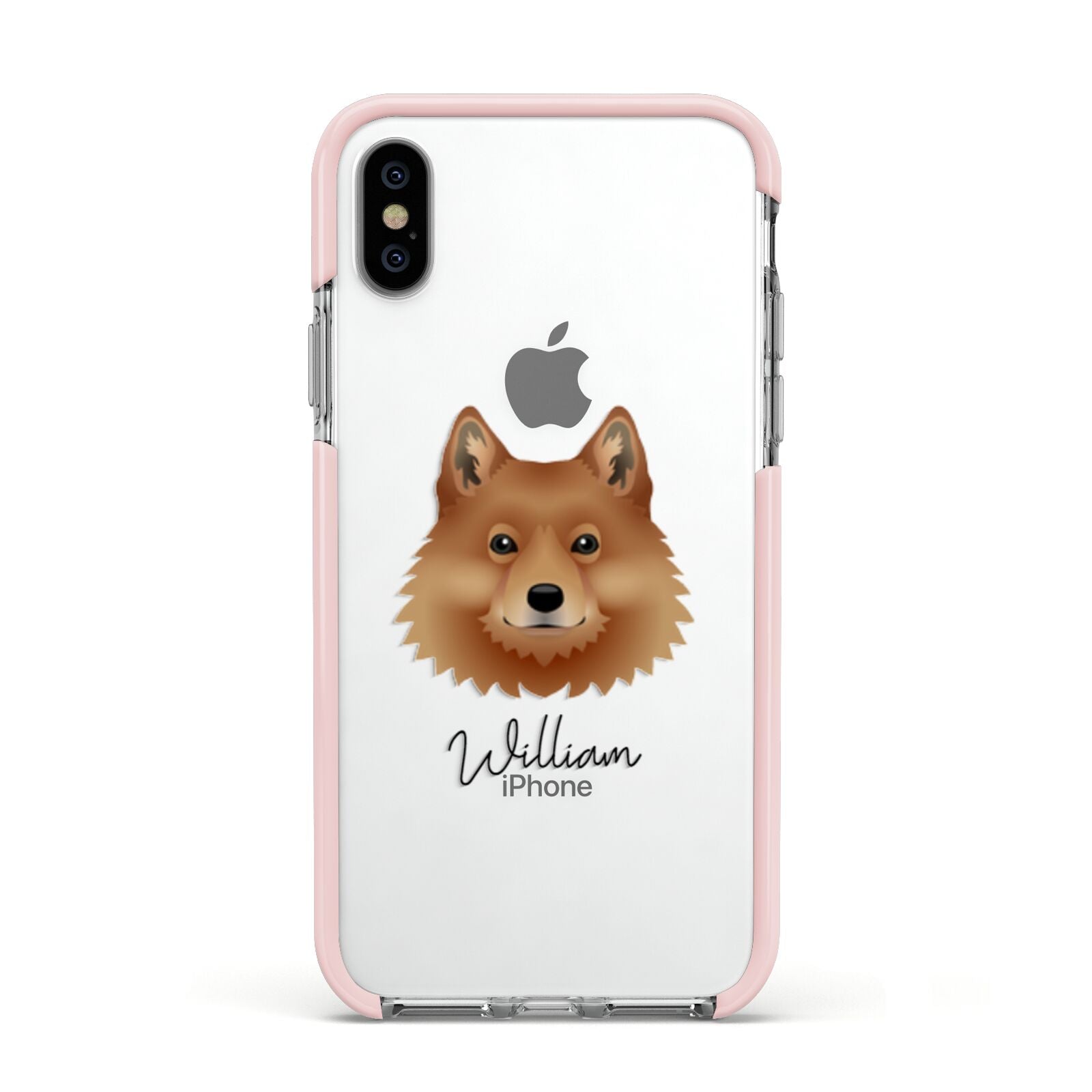 Finnish Spitz Personalised Apple iPhone Xs Impact Case Pink Edge on Silver Phone
