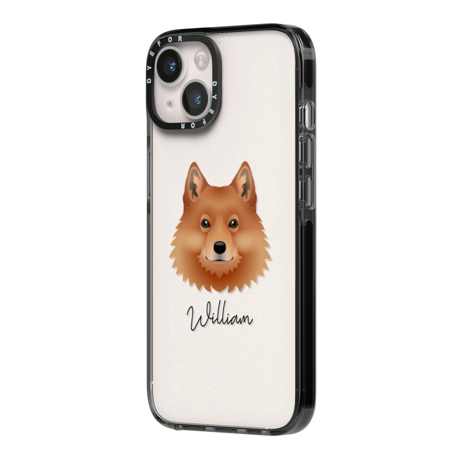 Finnish Spitz Personalised iPhone 14 Black Impact Case Side Angle on Silver phone