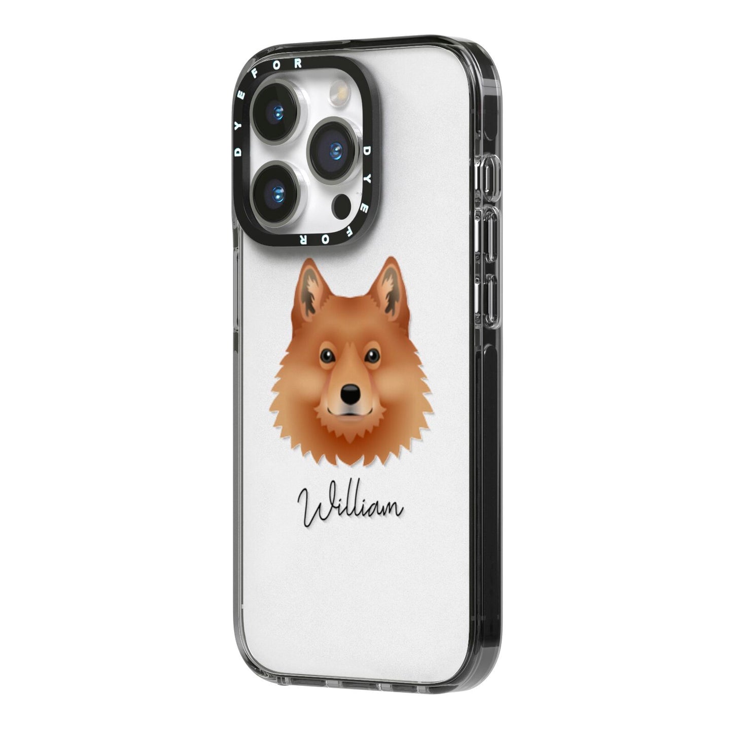 Finnish Spitz Personalised iPhone 14 Pro Black Impact Case Side Angle on Silver phone