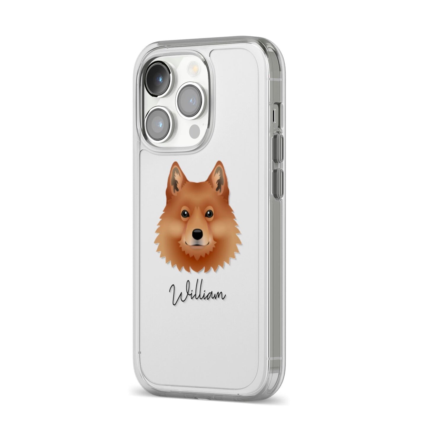 Finnish Spitz Personalised iPhone 14 Pro Clear Tough Case Silver Angled Image