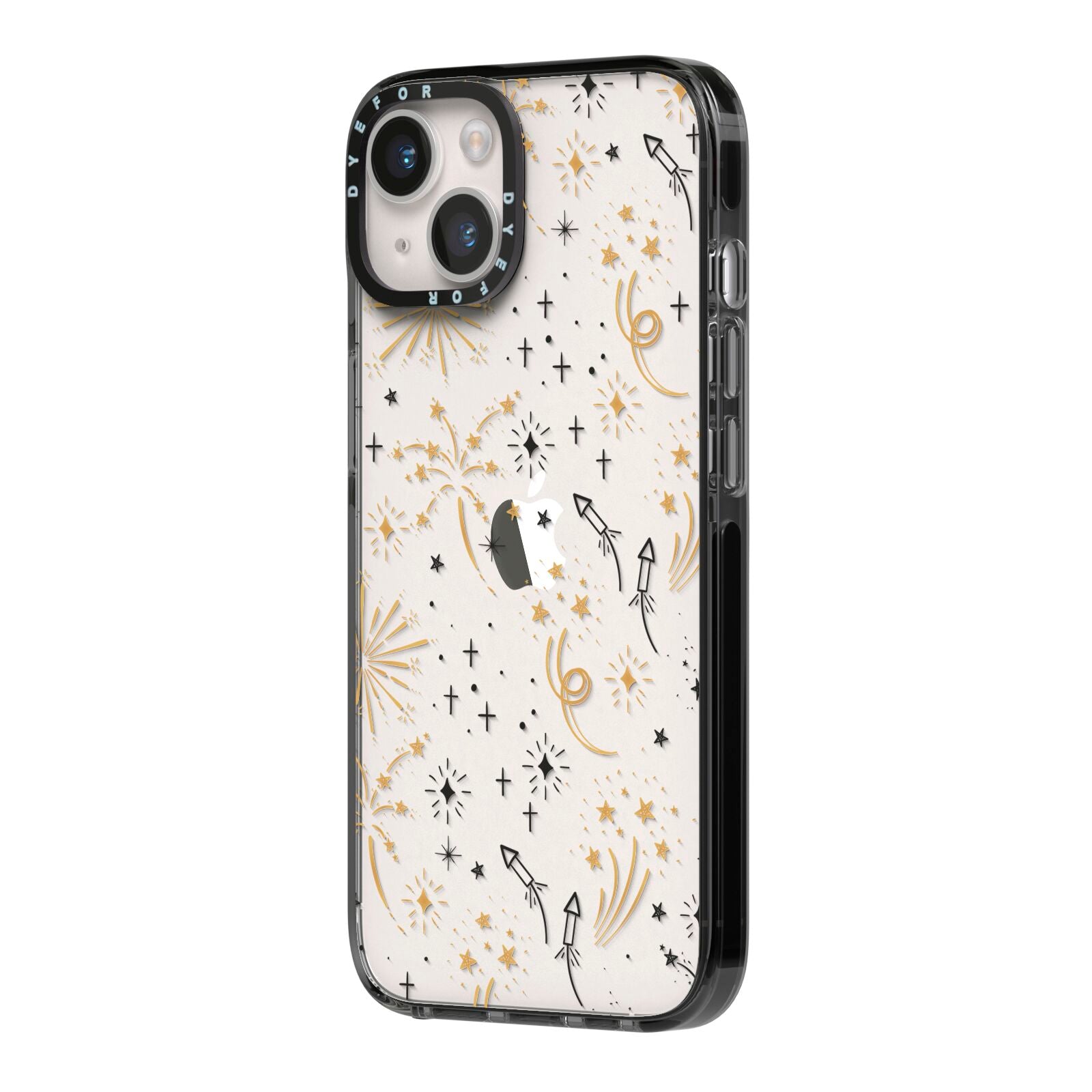 Firework iPhone 14 Black Impact Case Side Angle on Silver phone