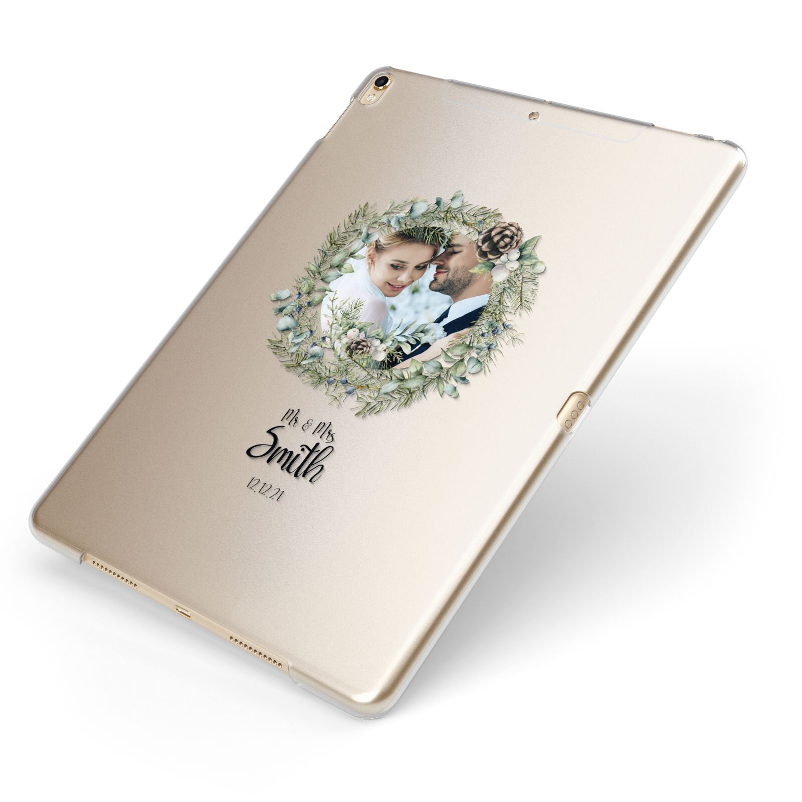 First Christmas Married Photo Apple iPad Case on Gold iPad Side View