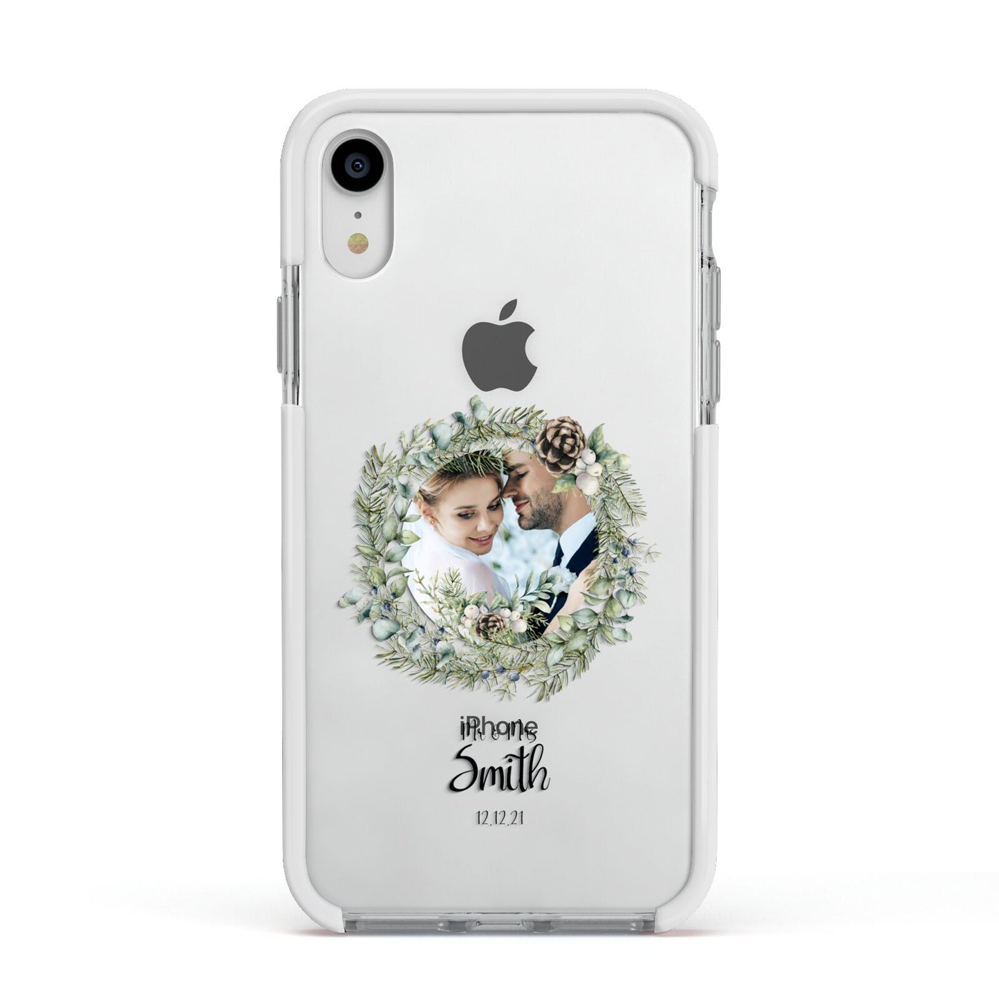 First Christmas Married Photo Apple iPhone XR Impact Case White Edge on Silver Phone