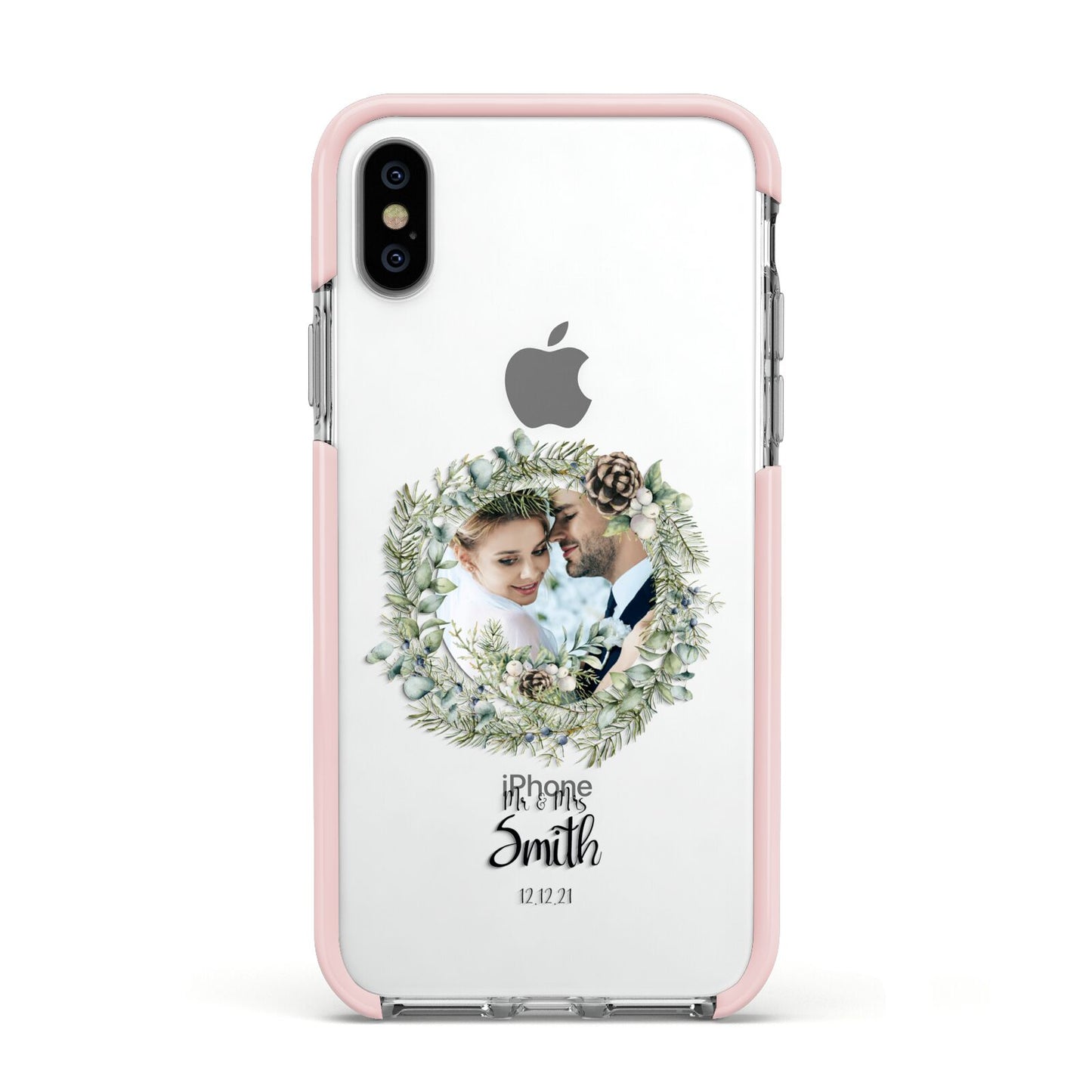 First Christmas Married Photo Apple iPhone Xs Impact Case Pink Edge on Silver Phone