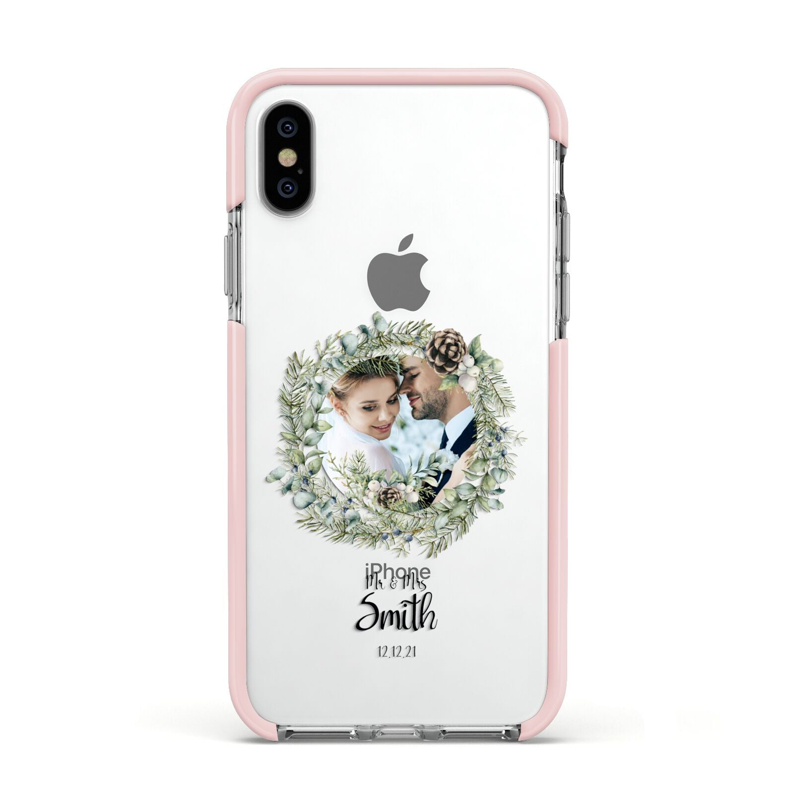First Christmas Married Photo Apple iPhone Xs Impact Case Pink Edge on Silver Phone