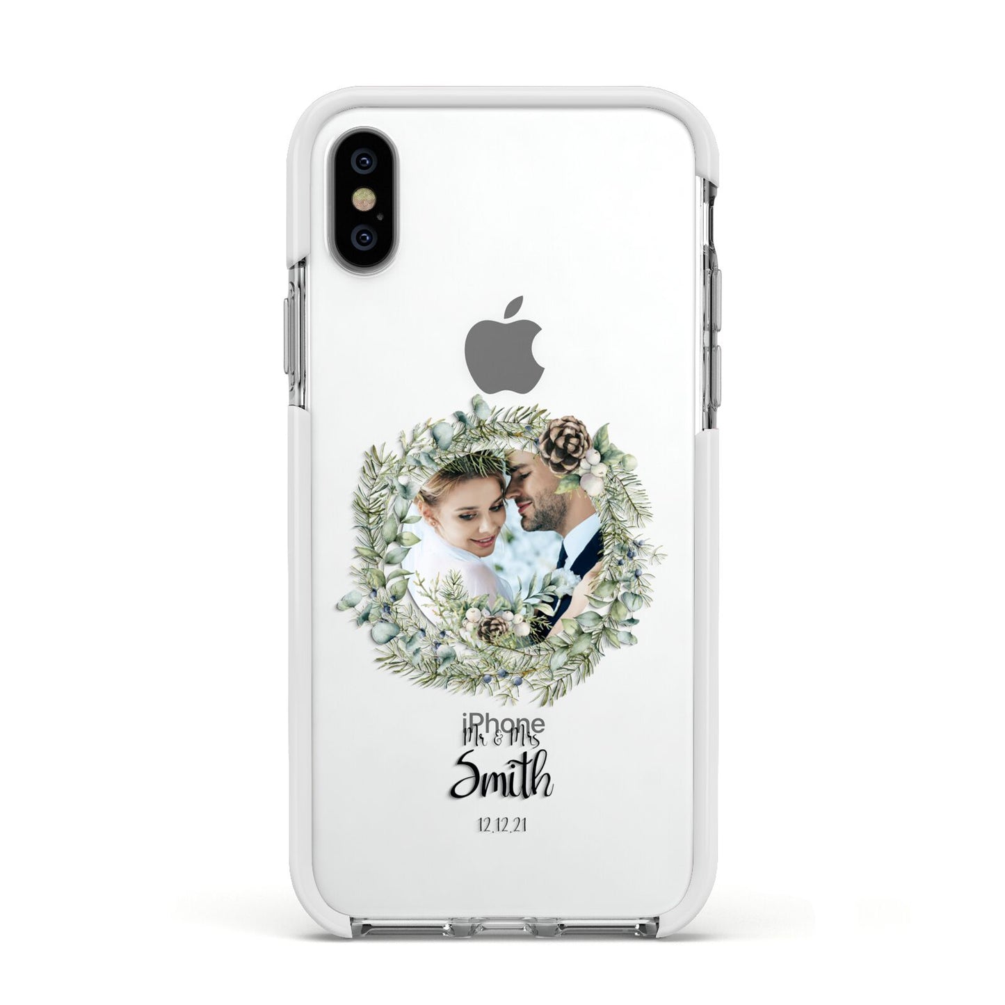 First Christmas Married Photo Apple iPhone Xs Impact Case White Edge on Silver Phone