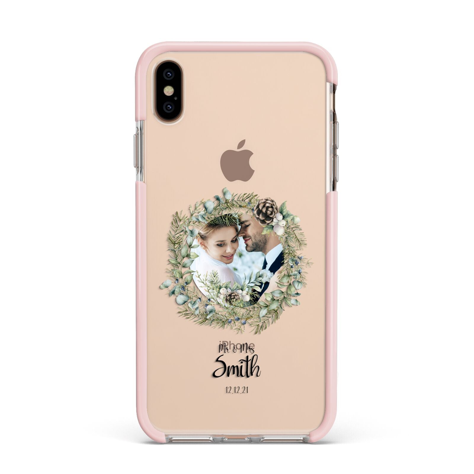 First Christmas Married Photo Apple iPhone Xs Max Impact Case Pink Edge on Gold Phone