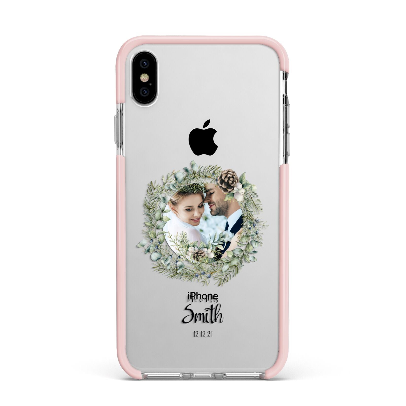 First Christmas Married Photo Apple iPhone Xs Max Impact Case Pink Edge on Silver Phone