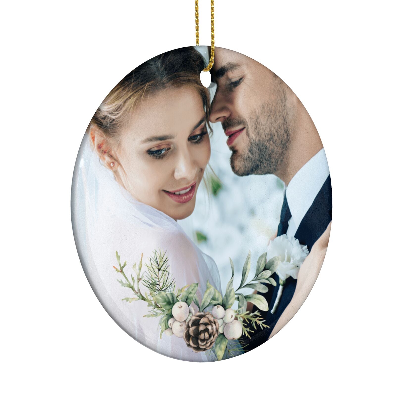 First Christmas Married Photo Circle Decoration Side Angle