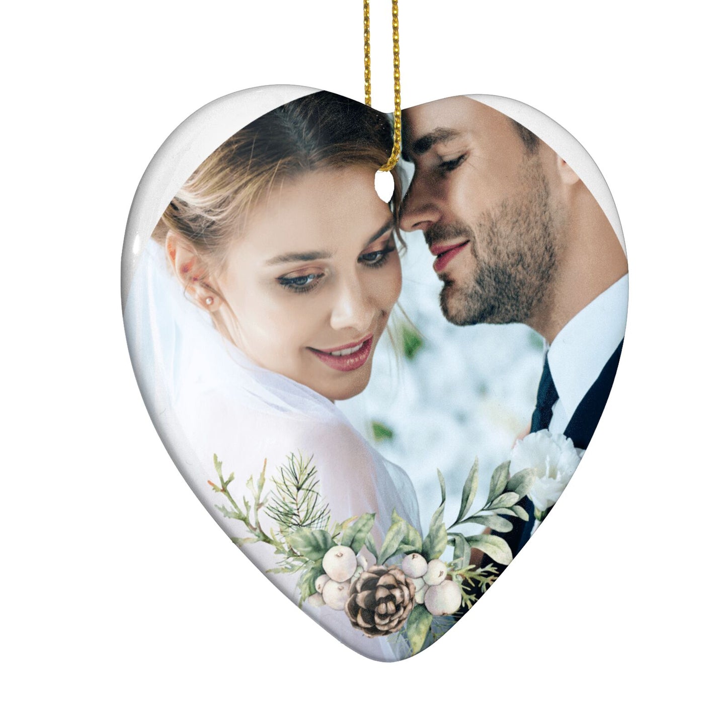 First Christmas Married Photo Heart Decoration Side Angle
