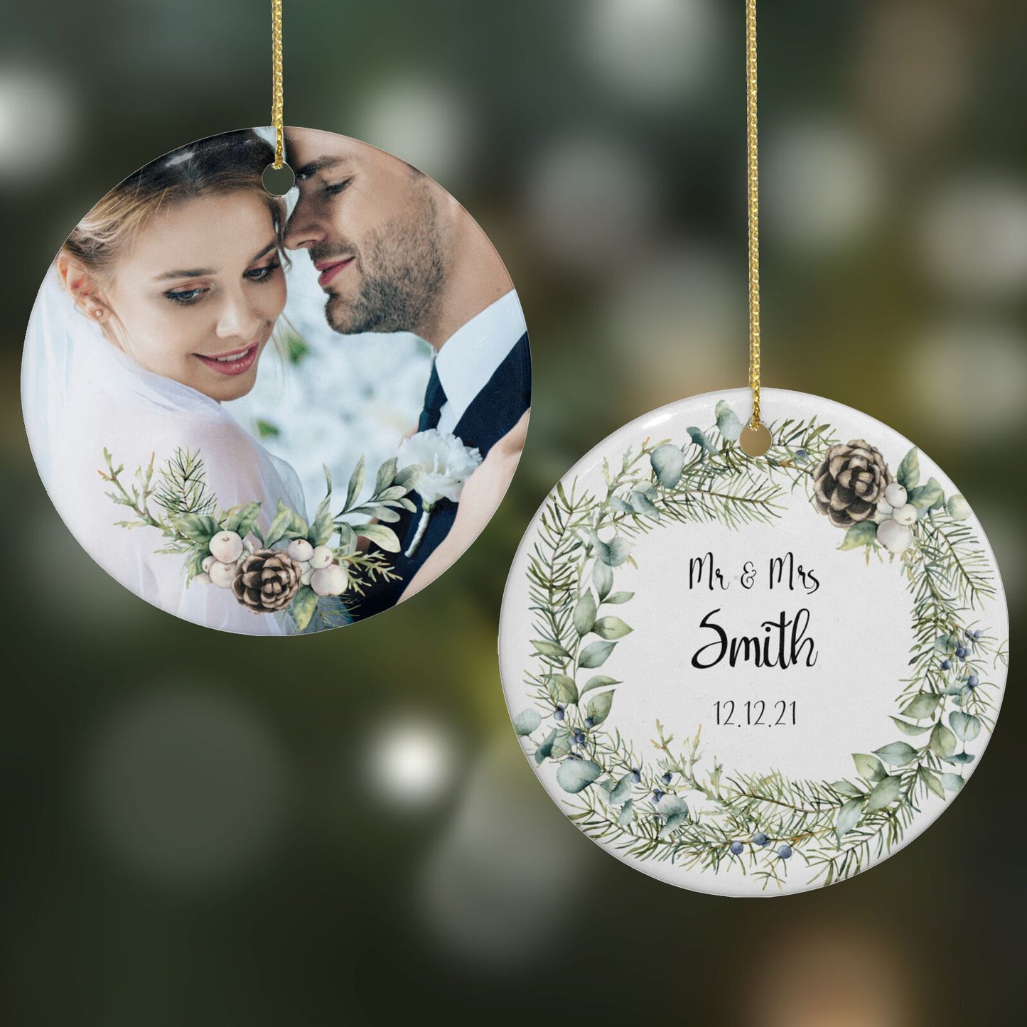 First Christmas Married Photo Round Decoration on Christmas Background