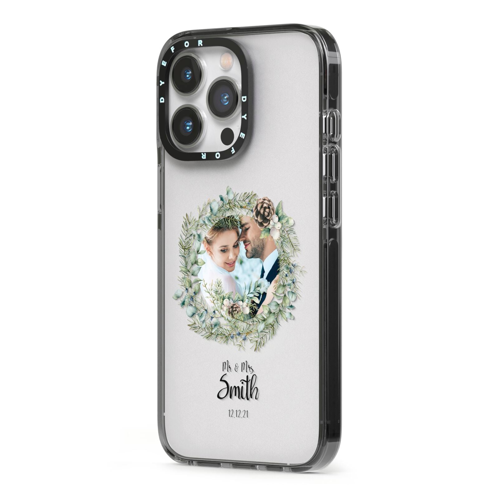 First Christmas Married Photo iPhone 13 Pro Black Impact Case Side Angle on Silver phone