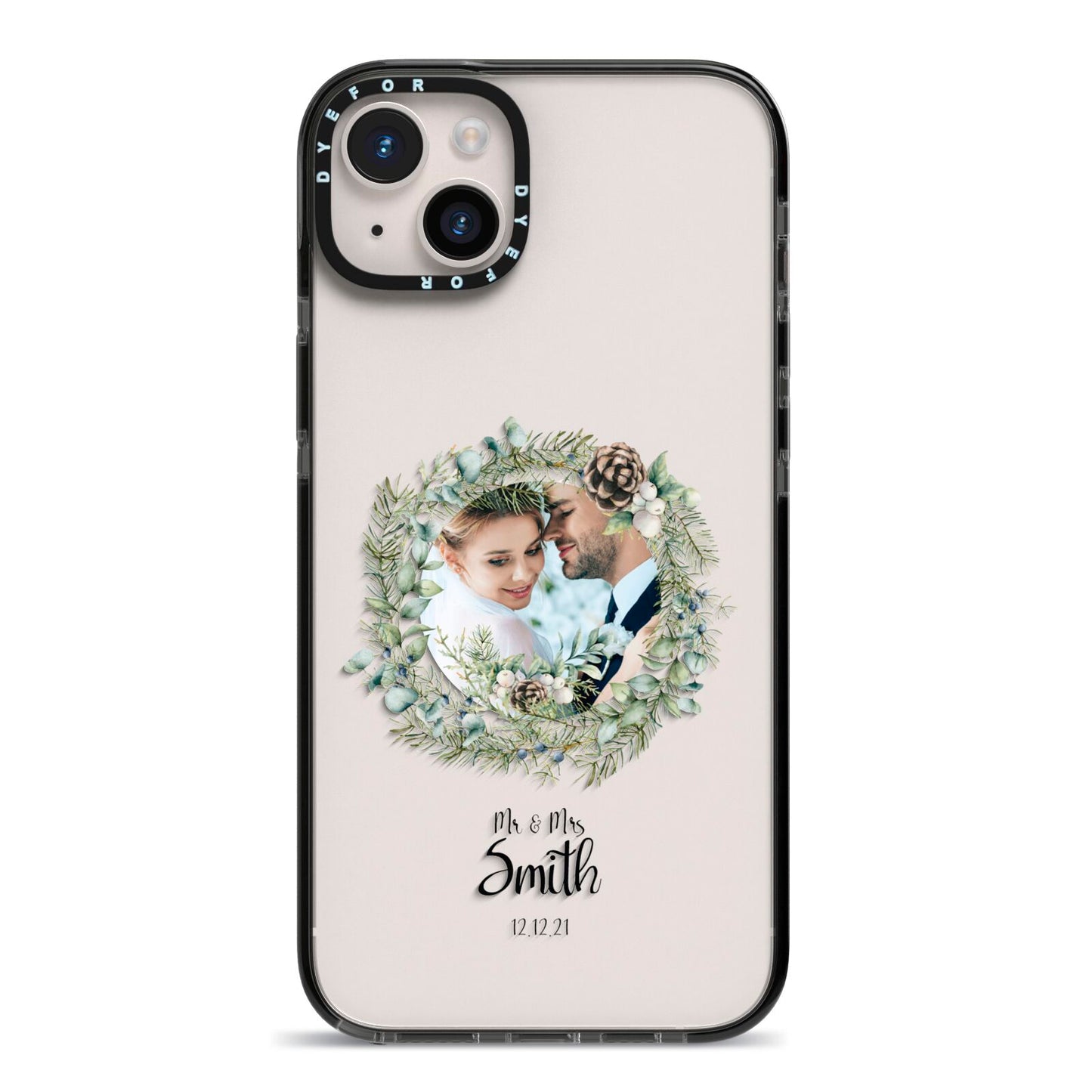 First Christmas Married Photo iPhone 14 Plus Black Impact Case on Silver phone