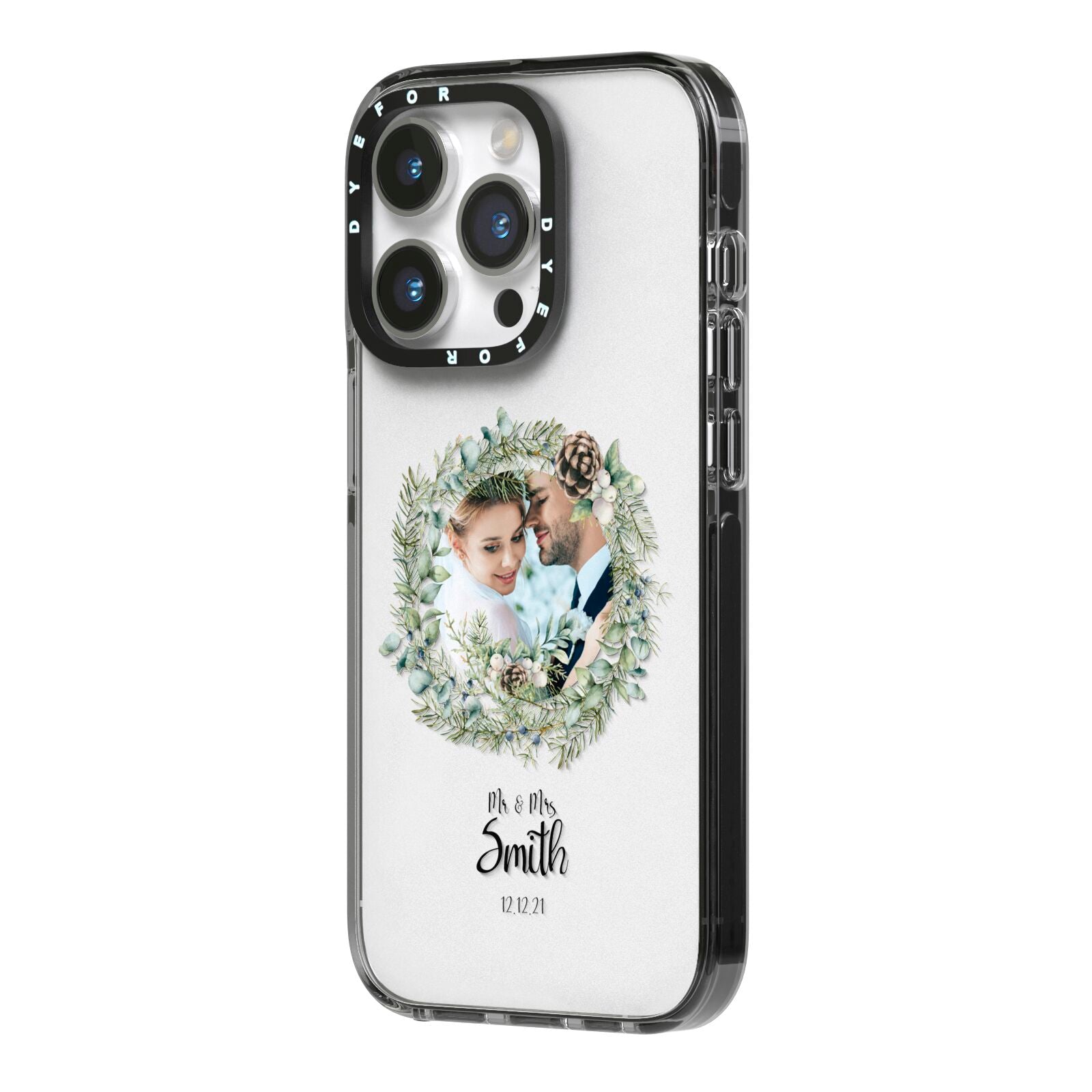 First Christmas Married Photo iPhone 14 Pro Black Impact Case Side Angle on Silver phone
