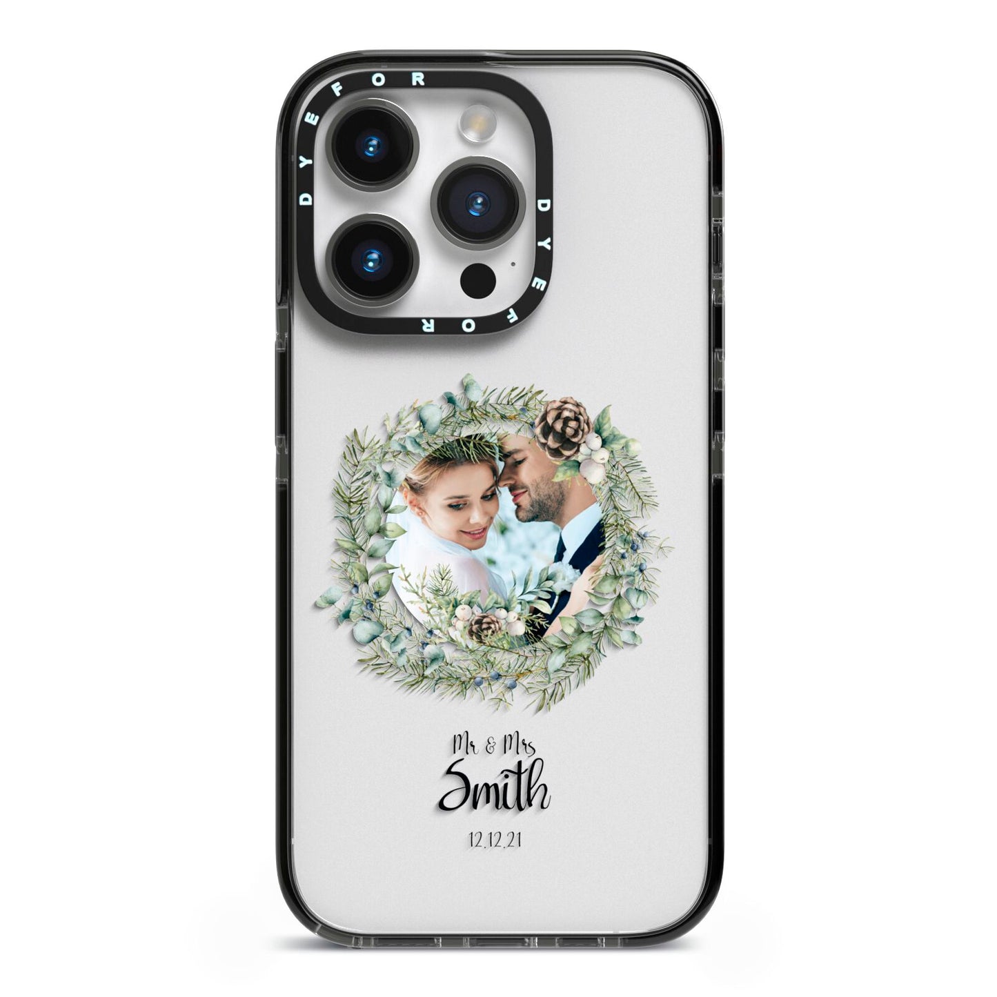 First Christmas Married Photo iPhone 14 Pro Black Impact Case on Silver phone