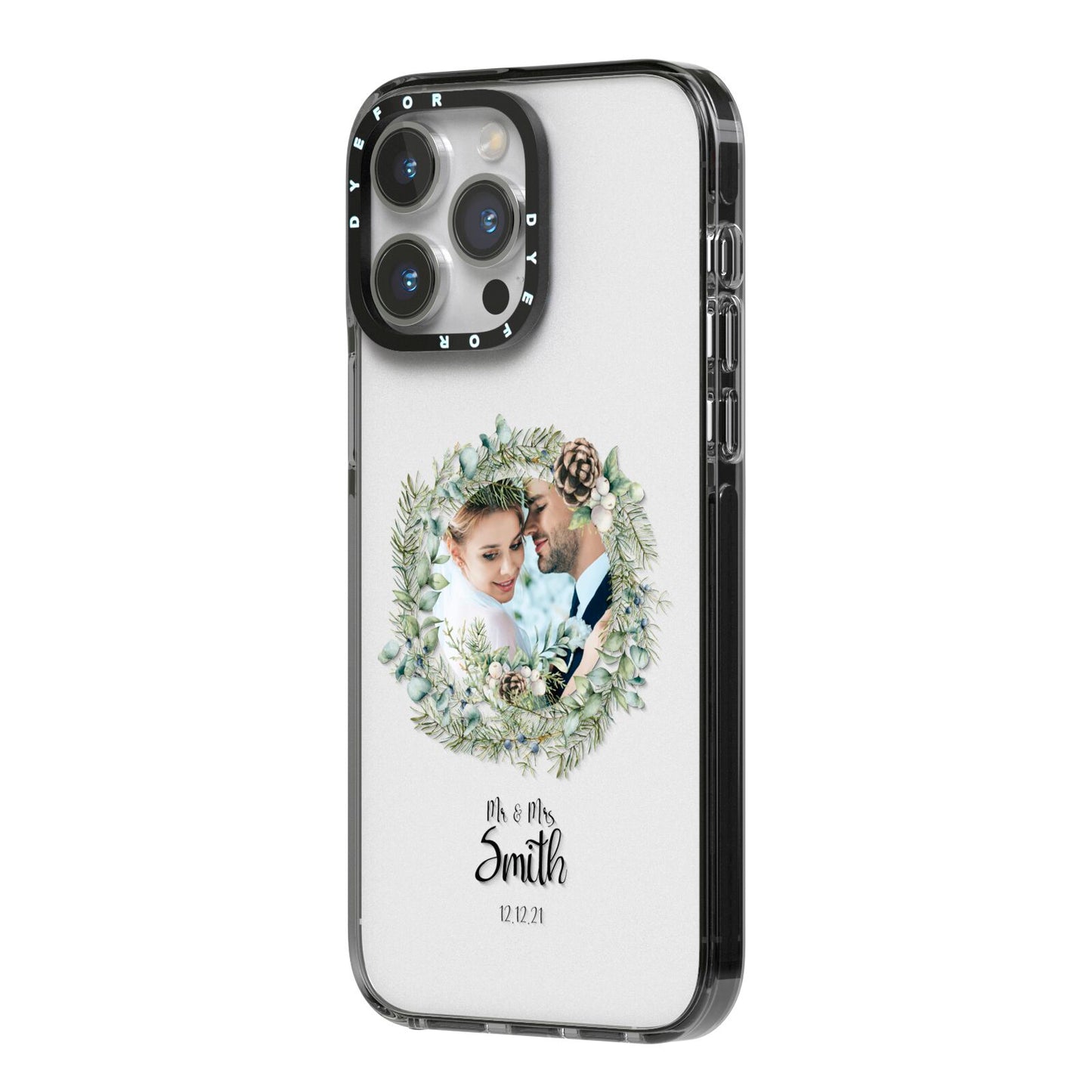 First Christmas Married Photo iPhone 14 Pro Max Black Impact Case Side Angle on Silver phone