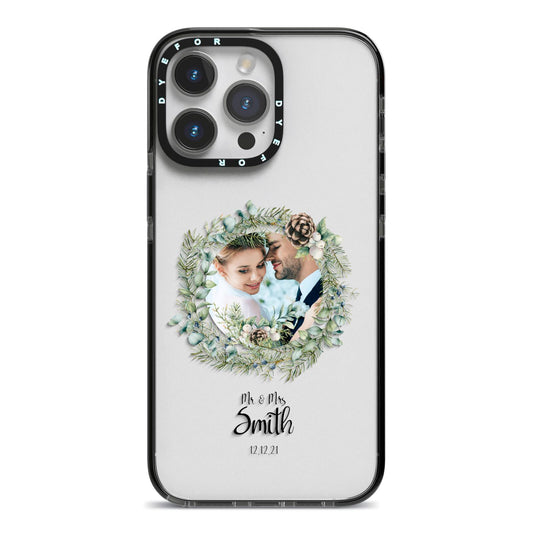 First Christmas Married Photo iPhone 14 Pro Max Black Impact Case on Silver phone