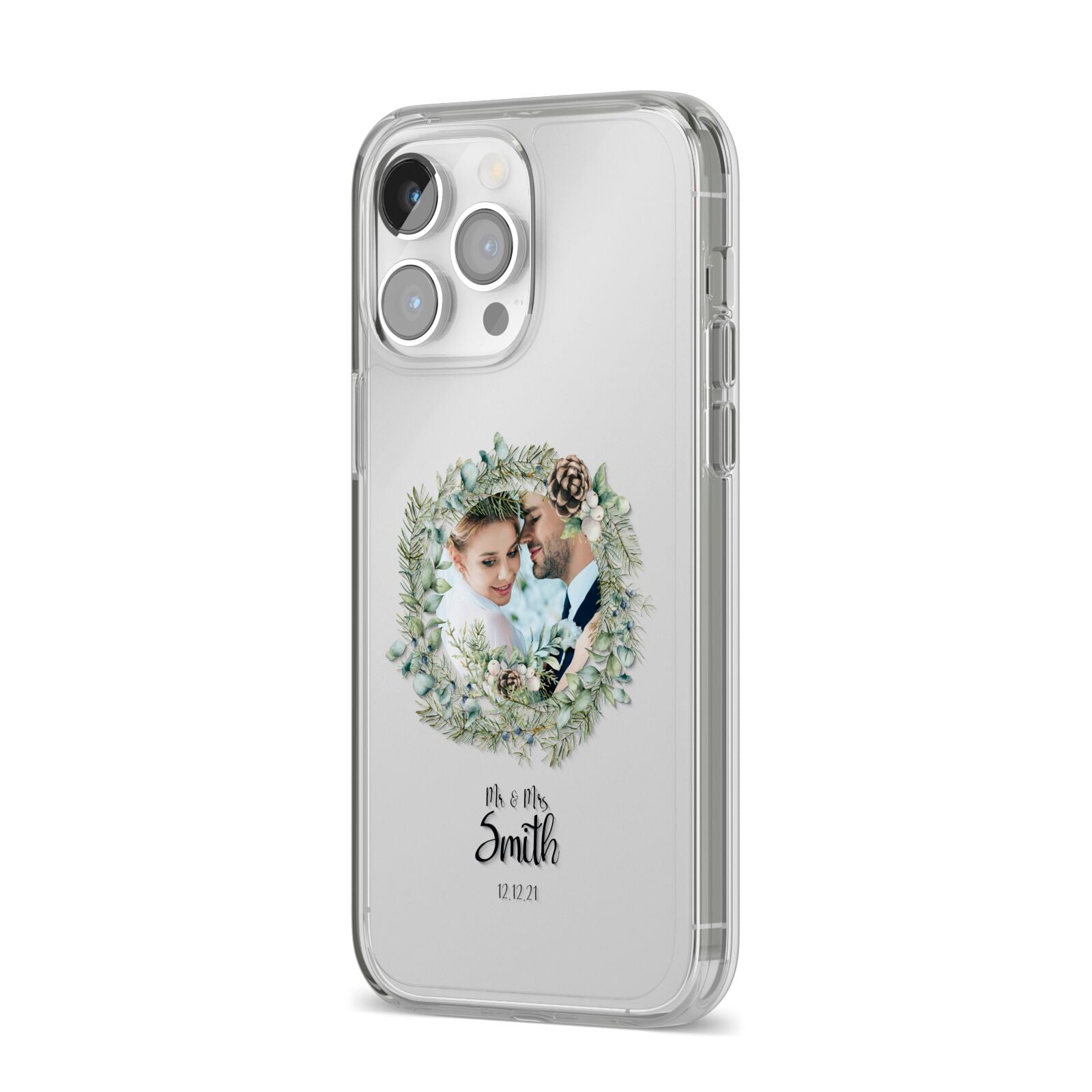 First Christmas Married Photo iPhone 14 Pro Max Clear Tough Case Silver Angled Image