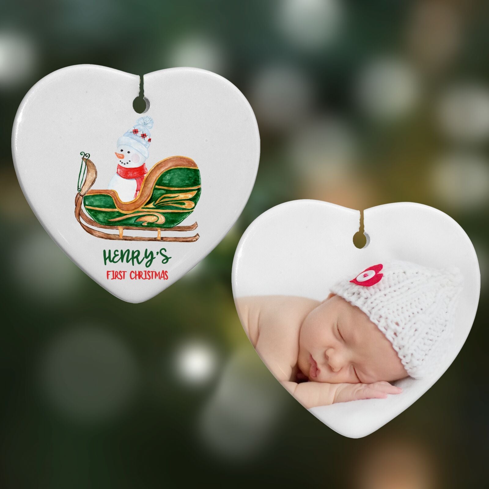 First Christmas Name Personalised Heart Decoration on Christmas Background