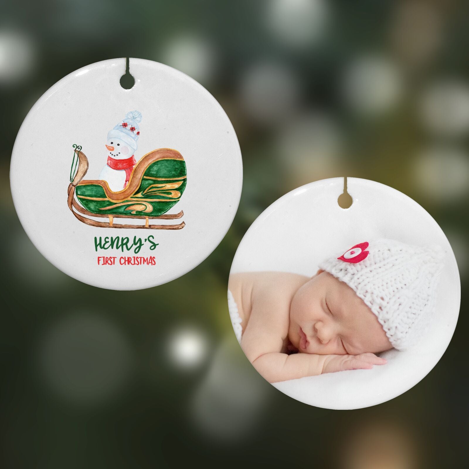 First Christmas Name Personalised Round Decoration on Christmas Background