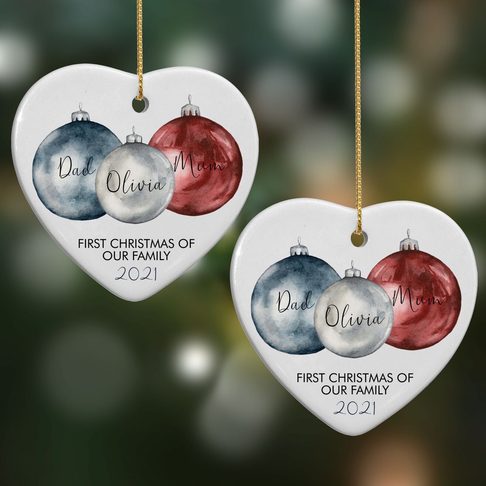 First Christmas Personalised Heart Decoration on Christmas Background